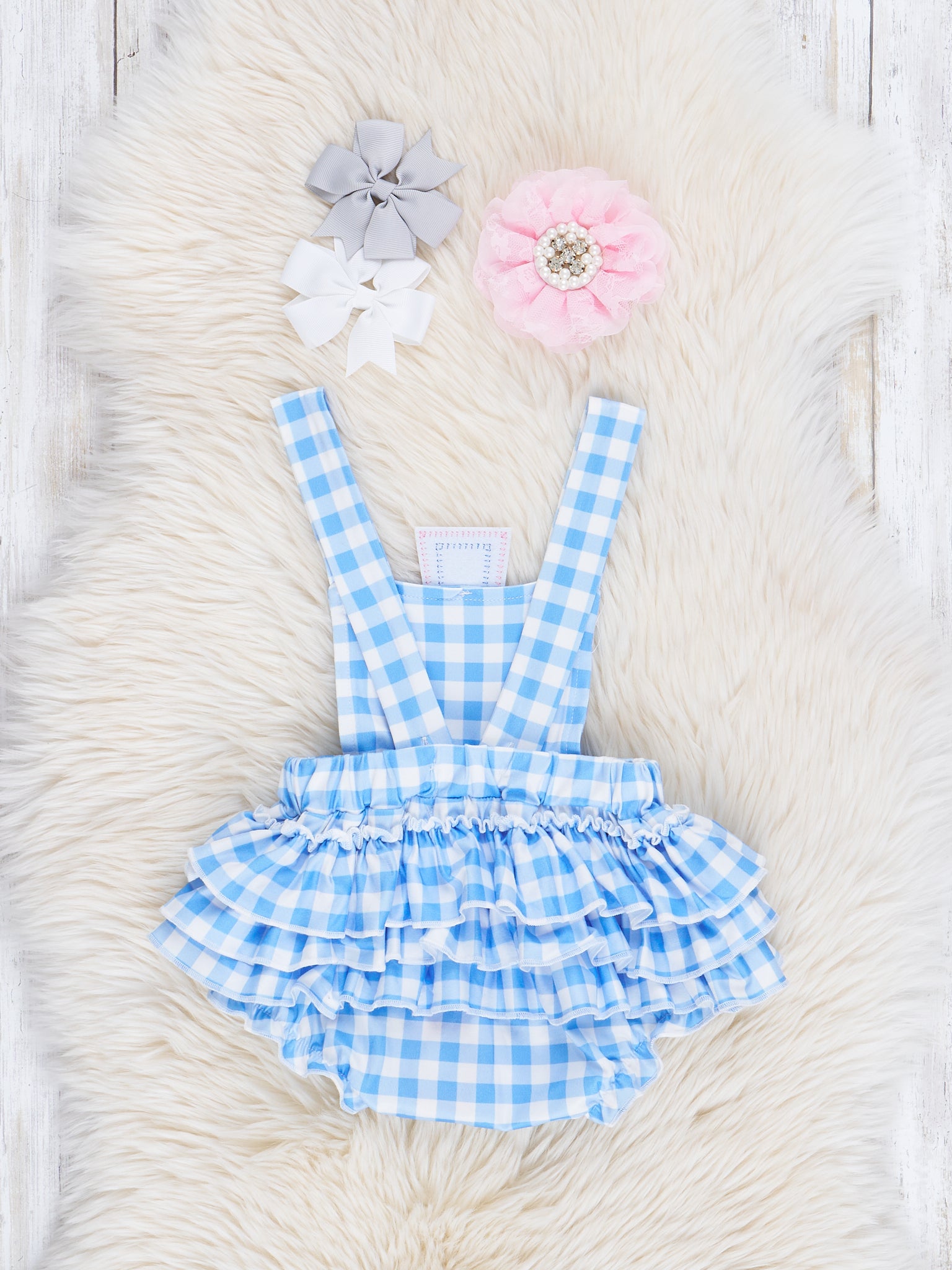 Blue Gingham Cross Ruffle Bubble Romper - Marie Nicole Clothing