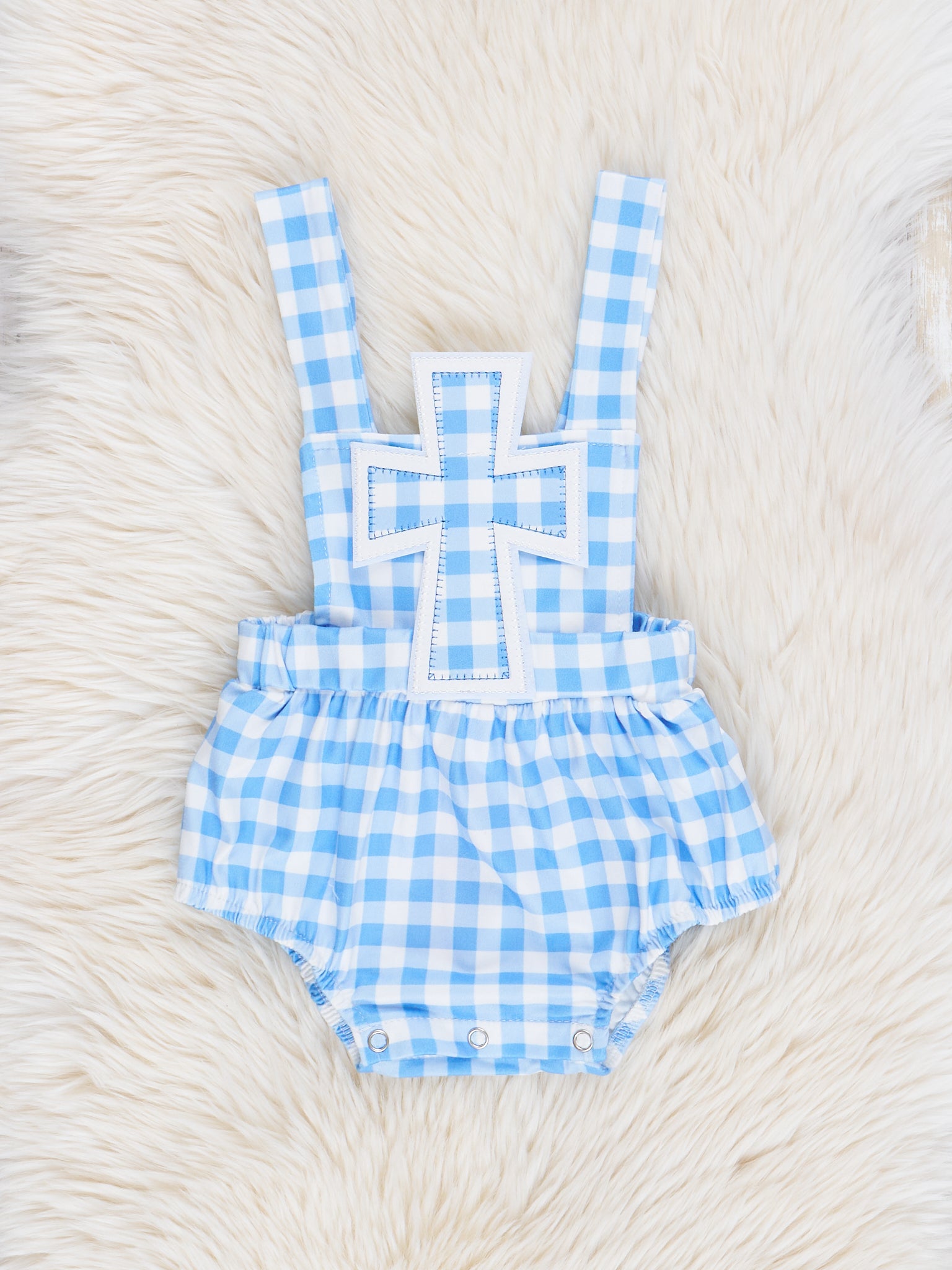 Blue Gingham Cross Bubble Romper - Marie Nicole Clothing