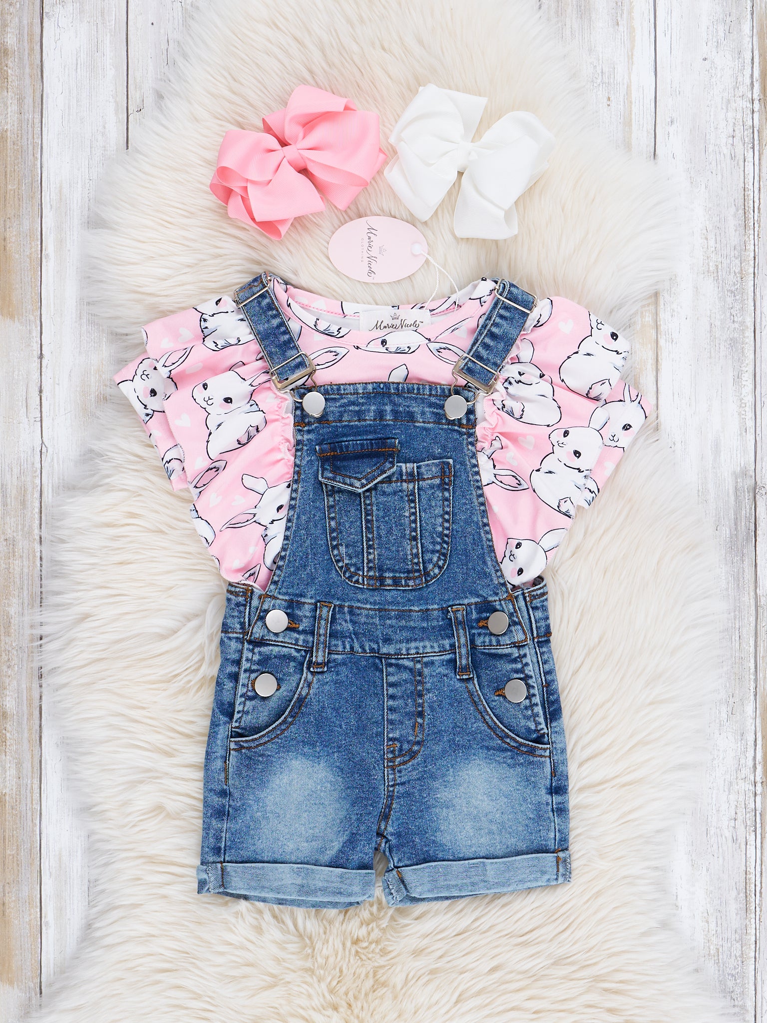 Pink Bunny Ruffle Top & Denim Overall Set - Marie Nicole Clothing
