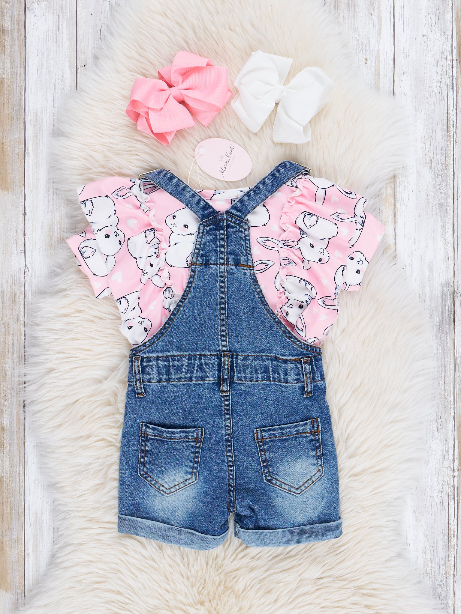 Pink Bunny Ruffle Top & Denim Overall Set - Marie Nicole Clothing