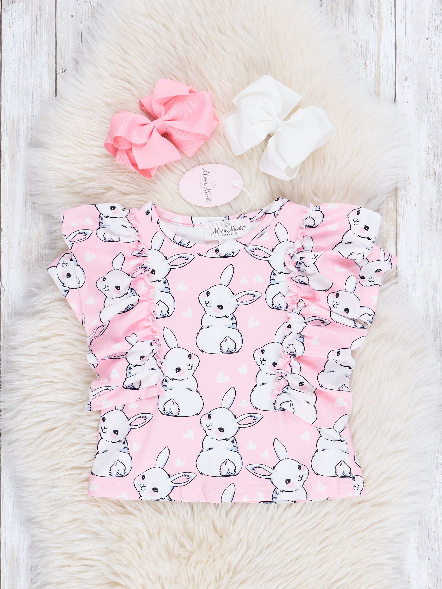 Pink Bunny Ruffle Top & Denim Overall Set - Marie Nicole Clothing
