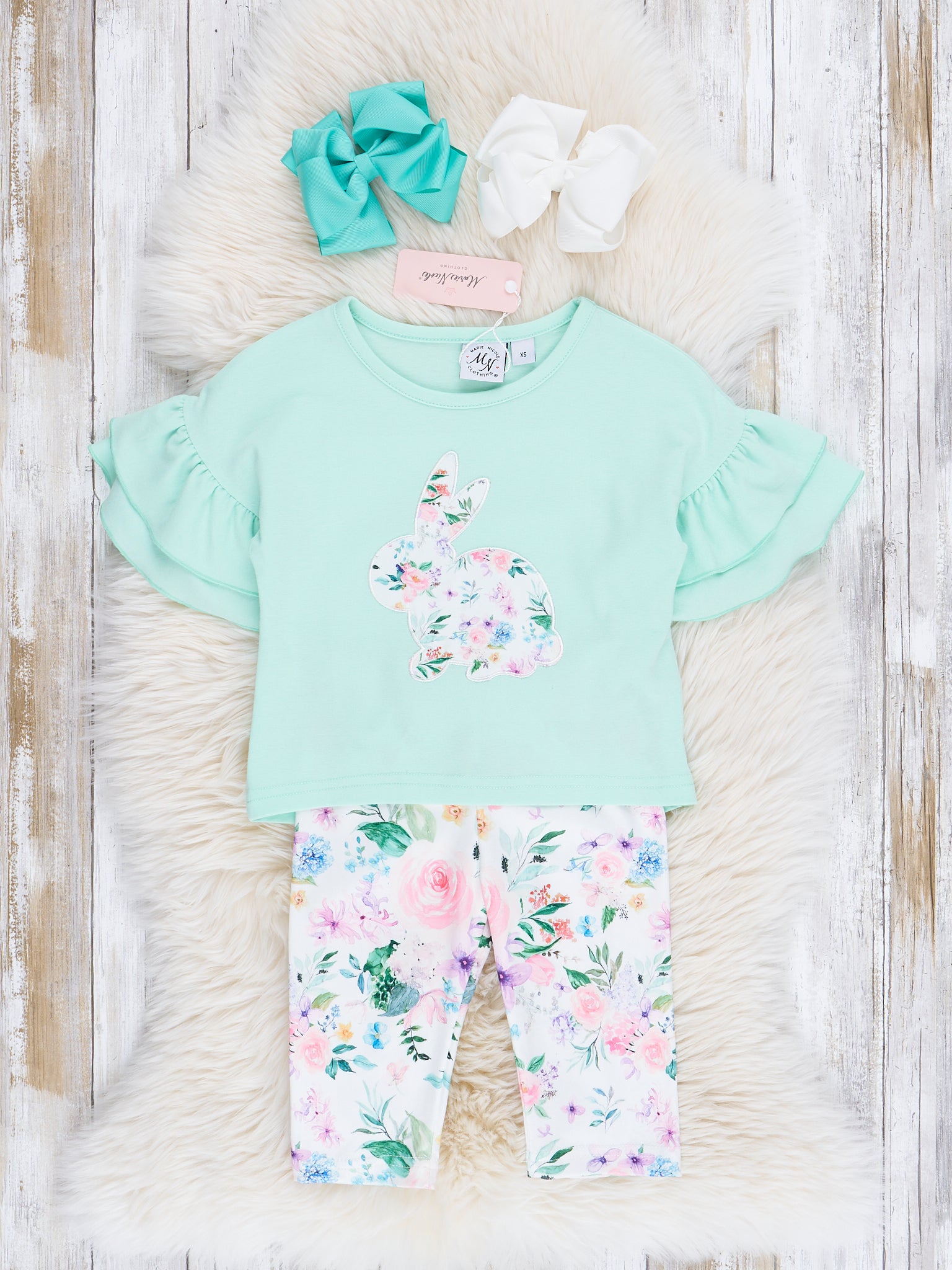 Mint Bunny Ruffle Top & Rose Bottoms Outfit - Marie Nicole Clothing