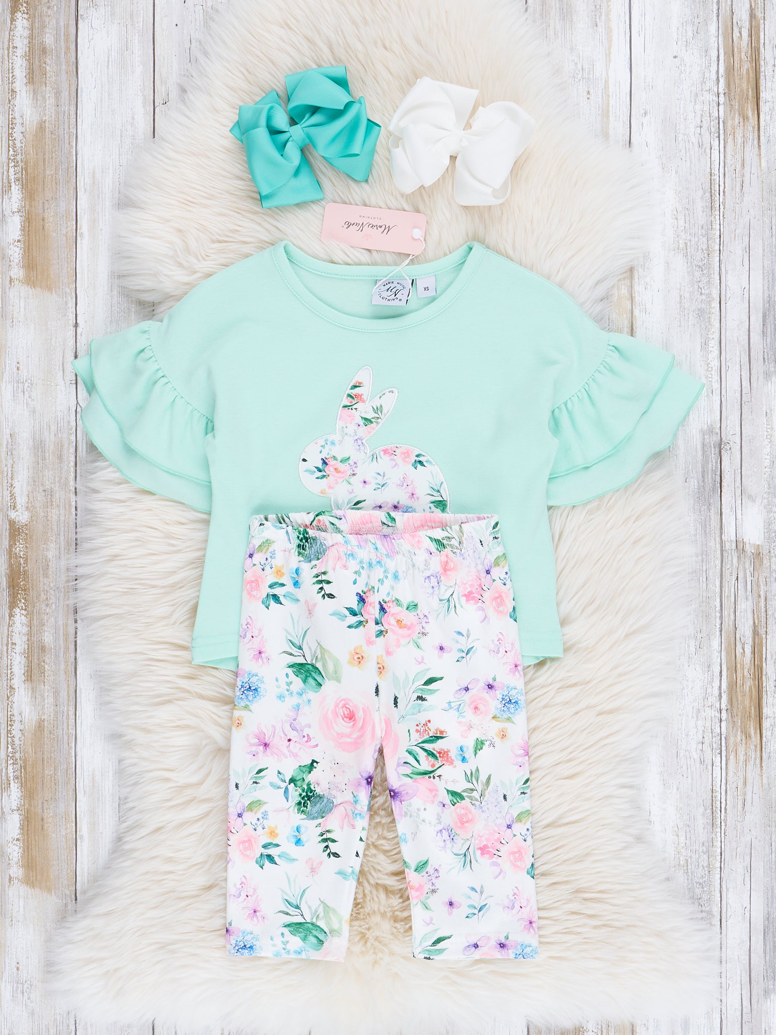 Mint Bunny Ruffle Top & Rose Bottoms Outfit - Marie Nicole Clothing