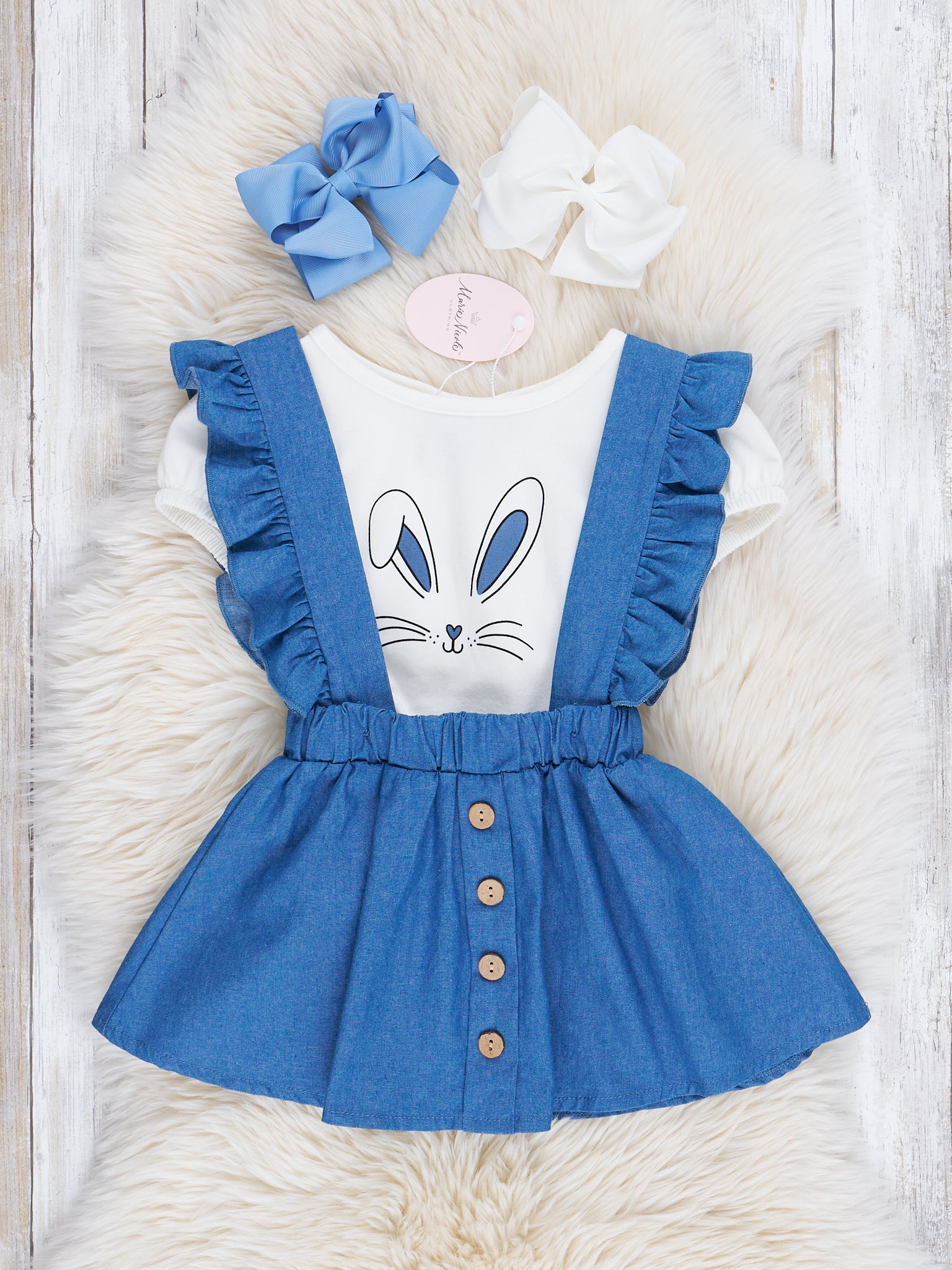 Chambray Bunny Ruffle Overall Set - Marie Nicole Clothing