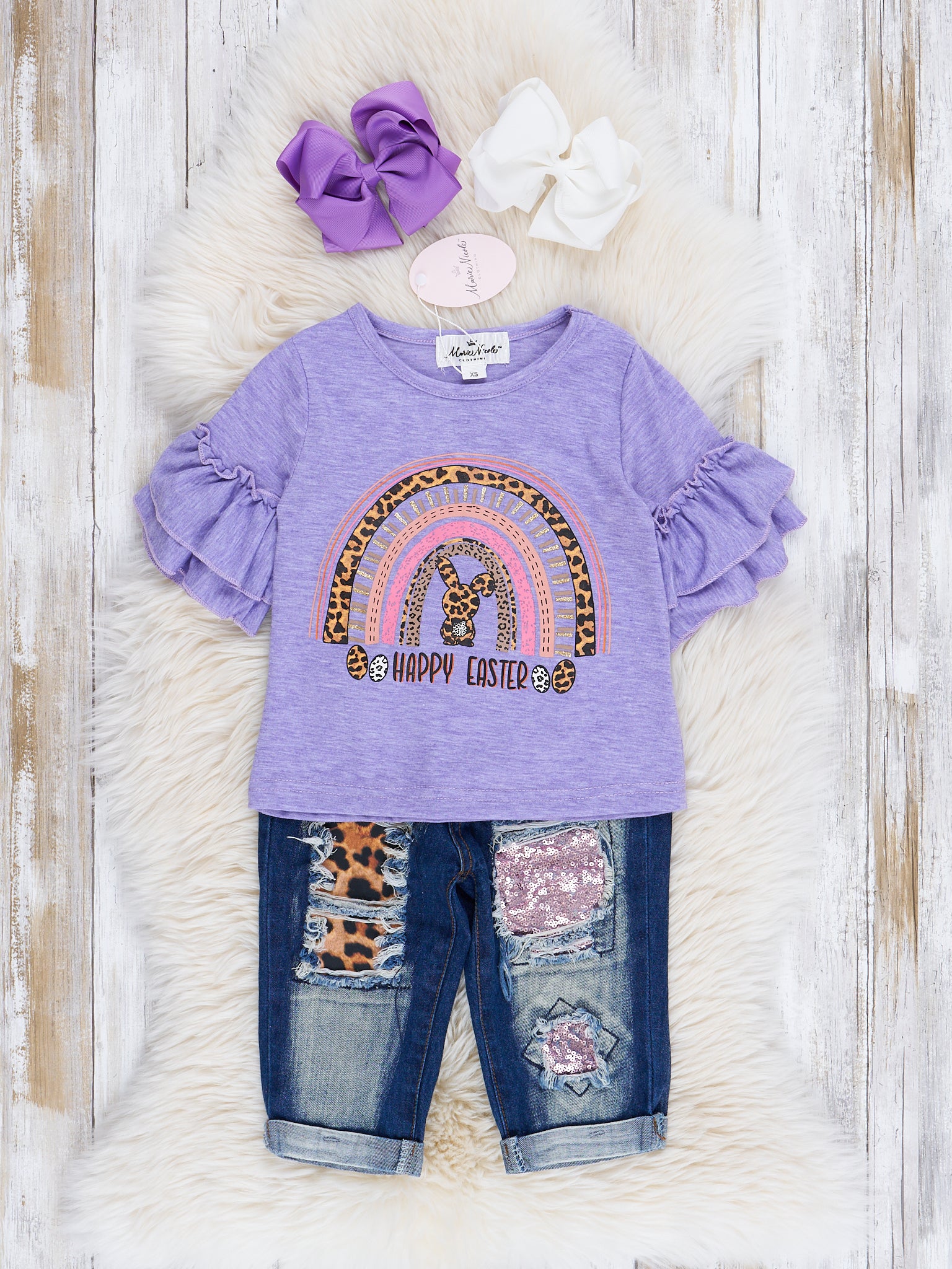 Purple Leopard Rainbow Ruffle Top & Distressed Denim Outfit - Marie Nicole Clothing
