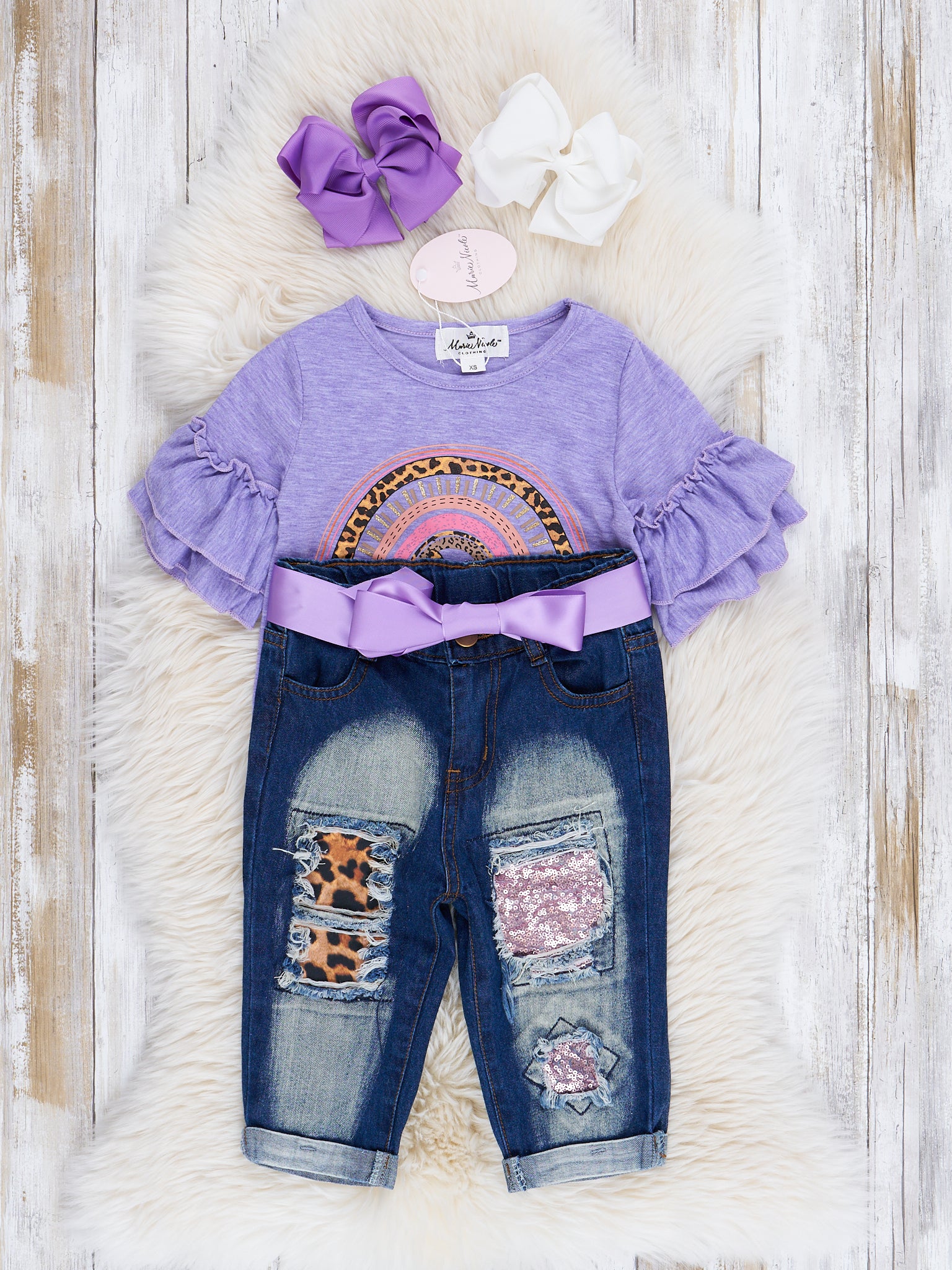 Purple Leopard Rainbow Ruffle Top & Distressed Denim Outfit - Marie Nicole Clothing
