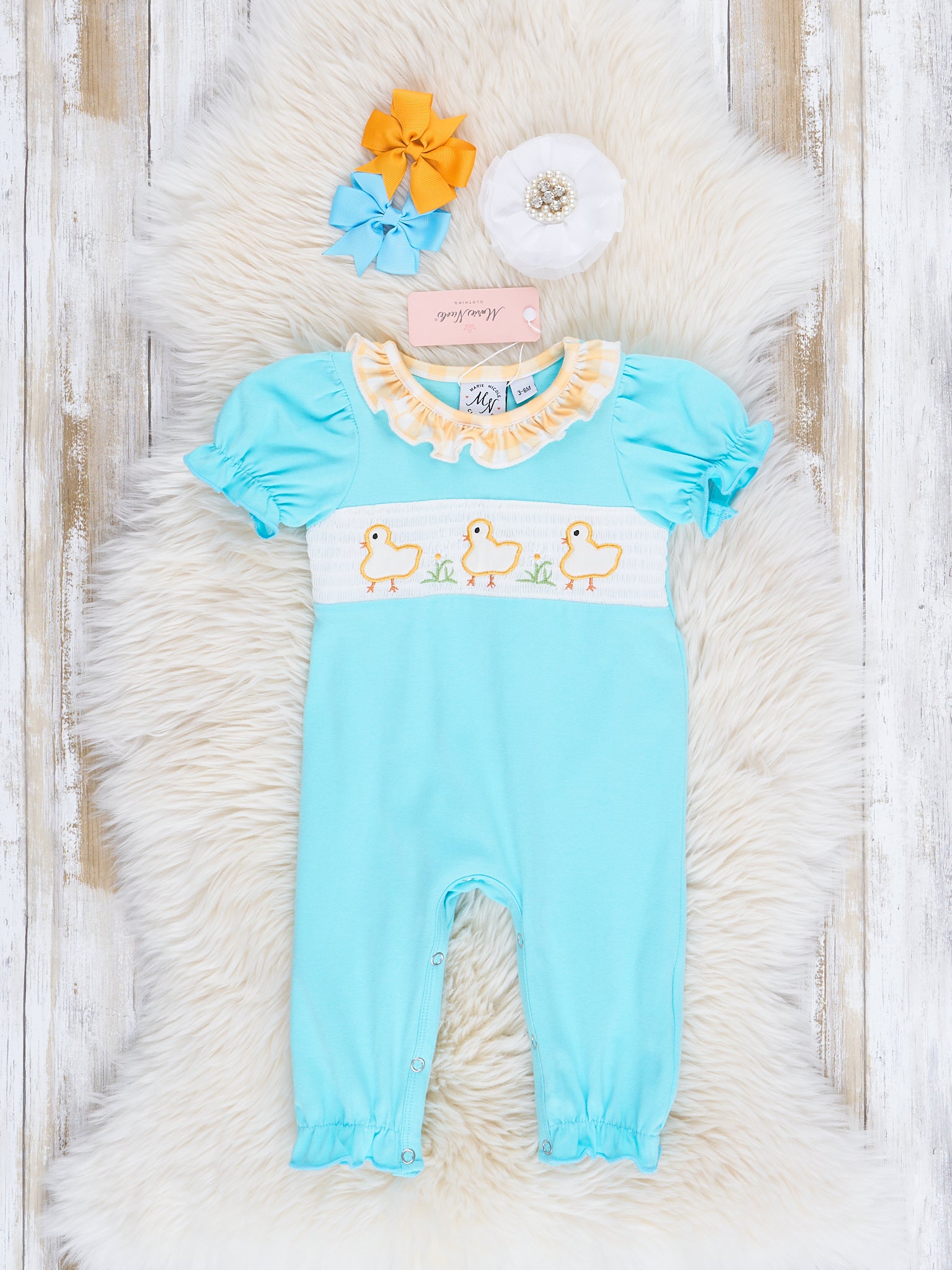 Yellow Gingham Chick Ruffle Romper - Marie Nicole Clothing