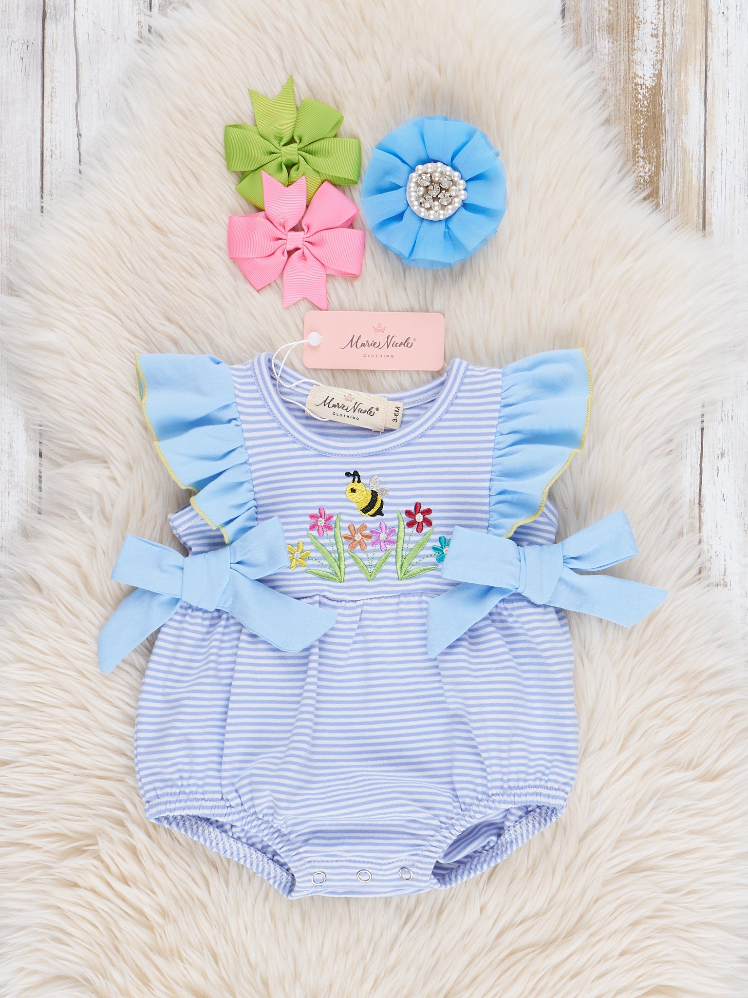 Striped Busy Bee Ruffle Bubble Romper - Marie Nicole Clothing