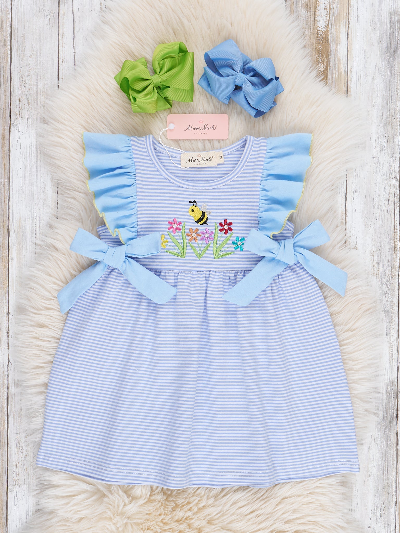 Striped Busy Bee Ruffle Dress - Marie Nicole Clothing
