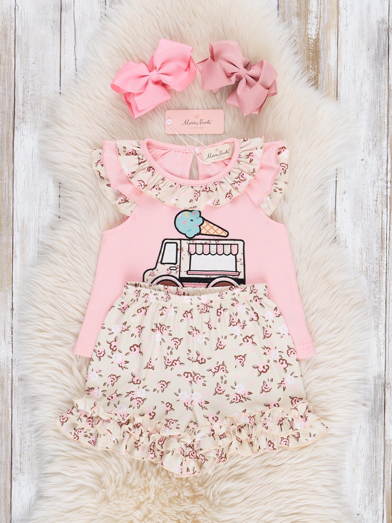 Floral Ice Cream Truck Embroidered Ruffle Outfit - Marie Nicole Clothing