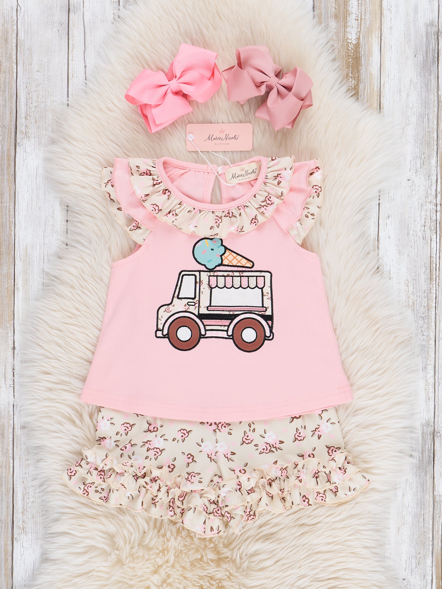 Floral Ice Cream Truck Embroidered Ruffle Outfit - Marie Nicole Clothing