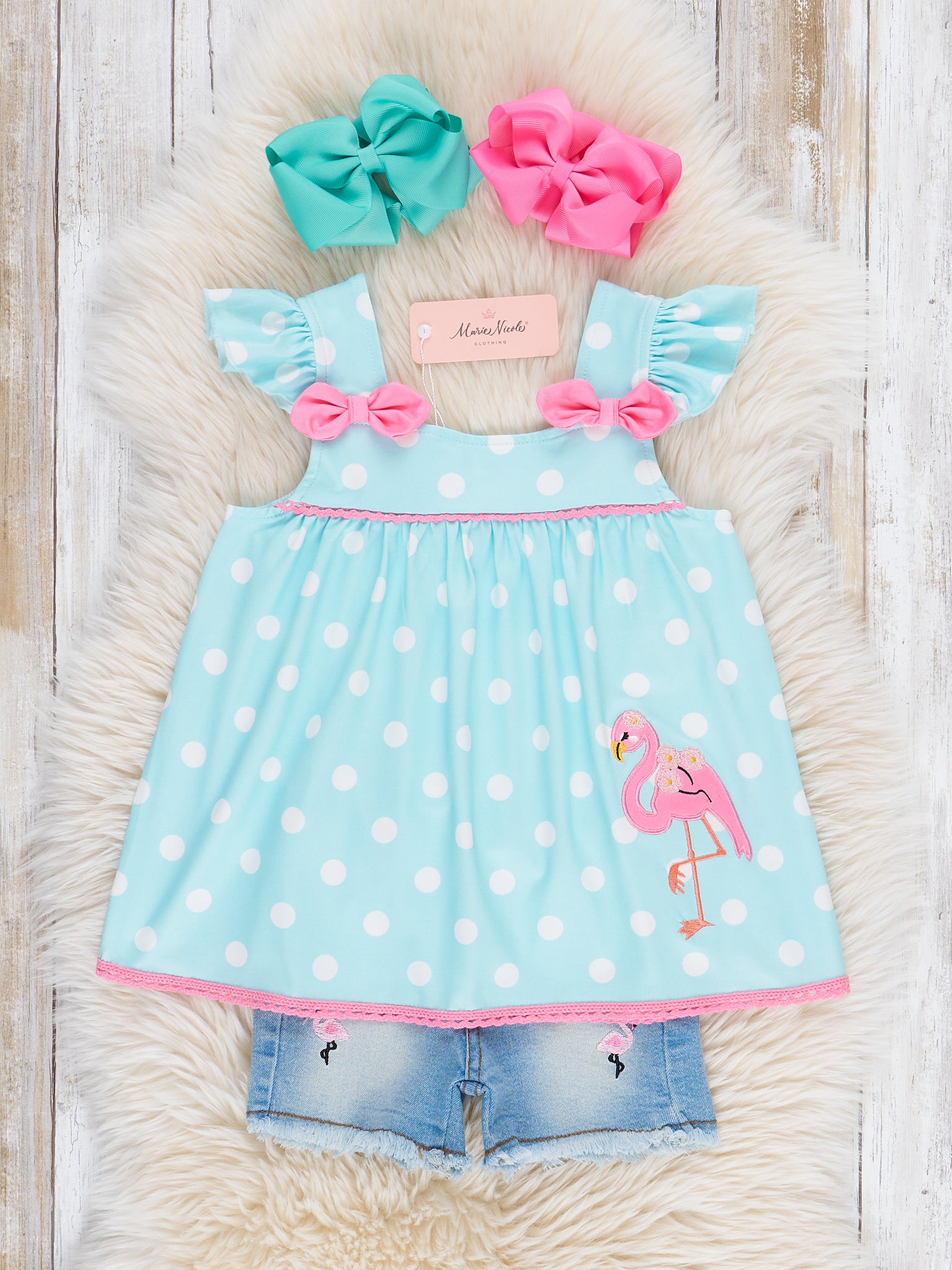 Flamingo Fancy Embroidered Denim Outfit - Marie Nicole Clothing