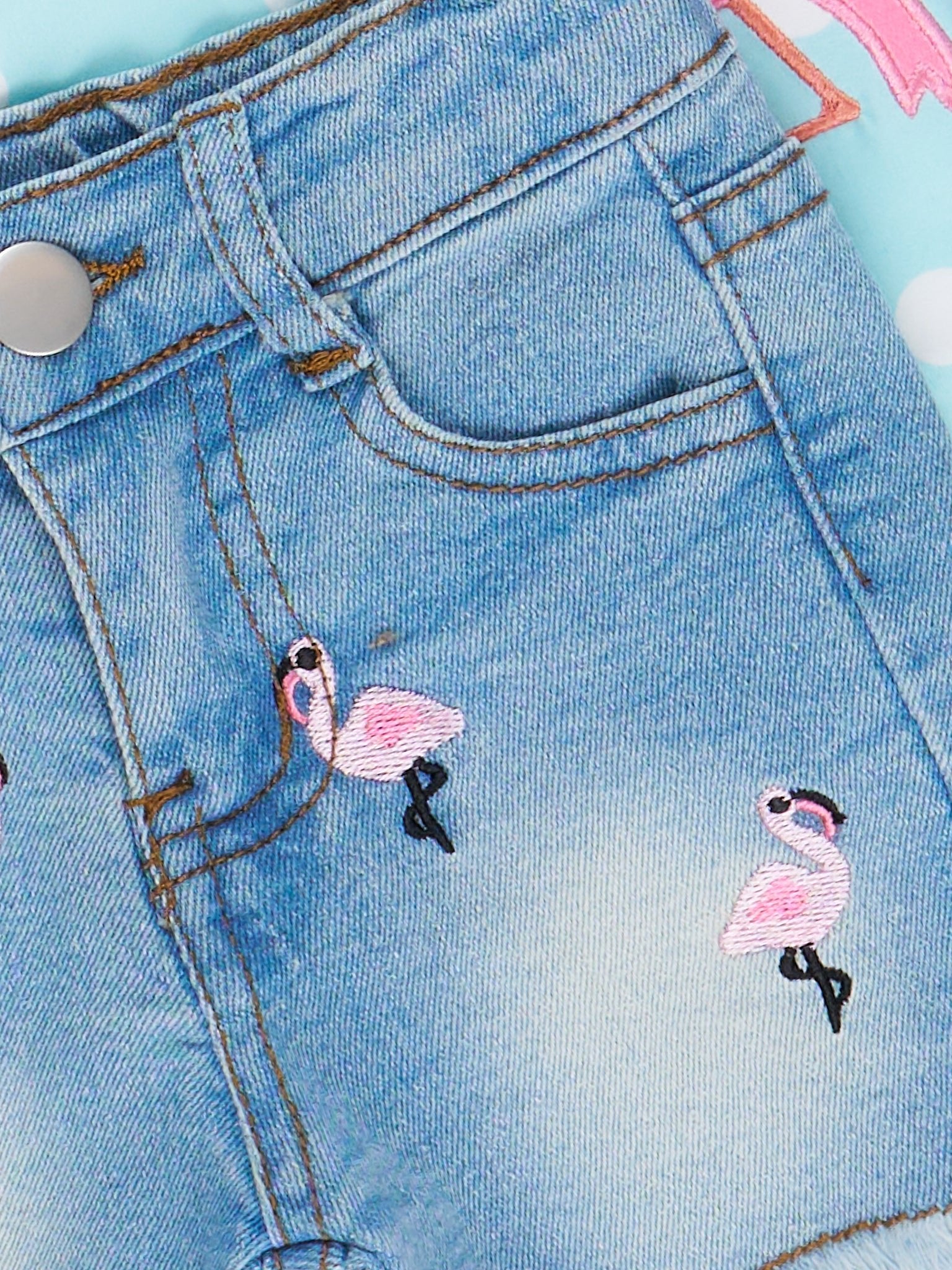 Flamingo Fancy Embroidered Denim Outfit - Marie Nicole Clothing