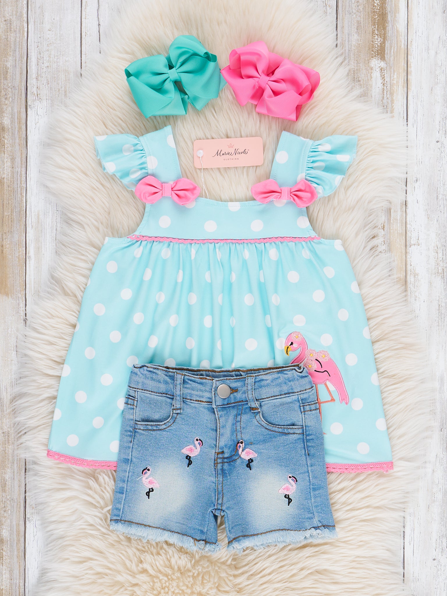 Flamingo Fancy Embroidered Denim Outfit - Marie Nicole Clothing