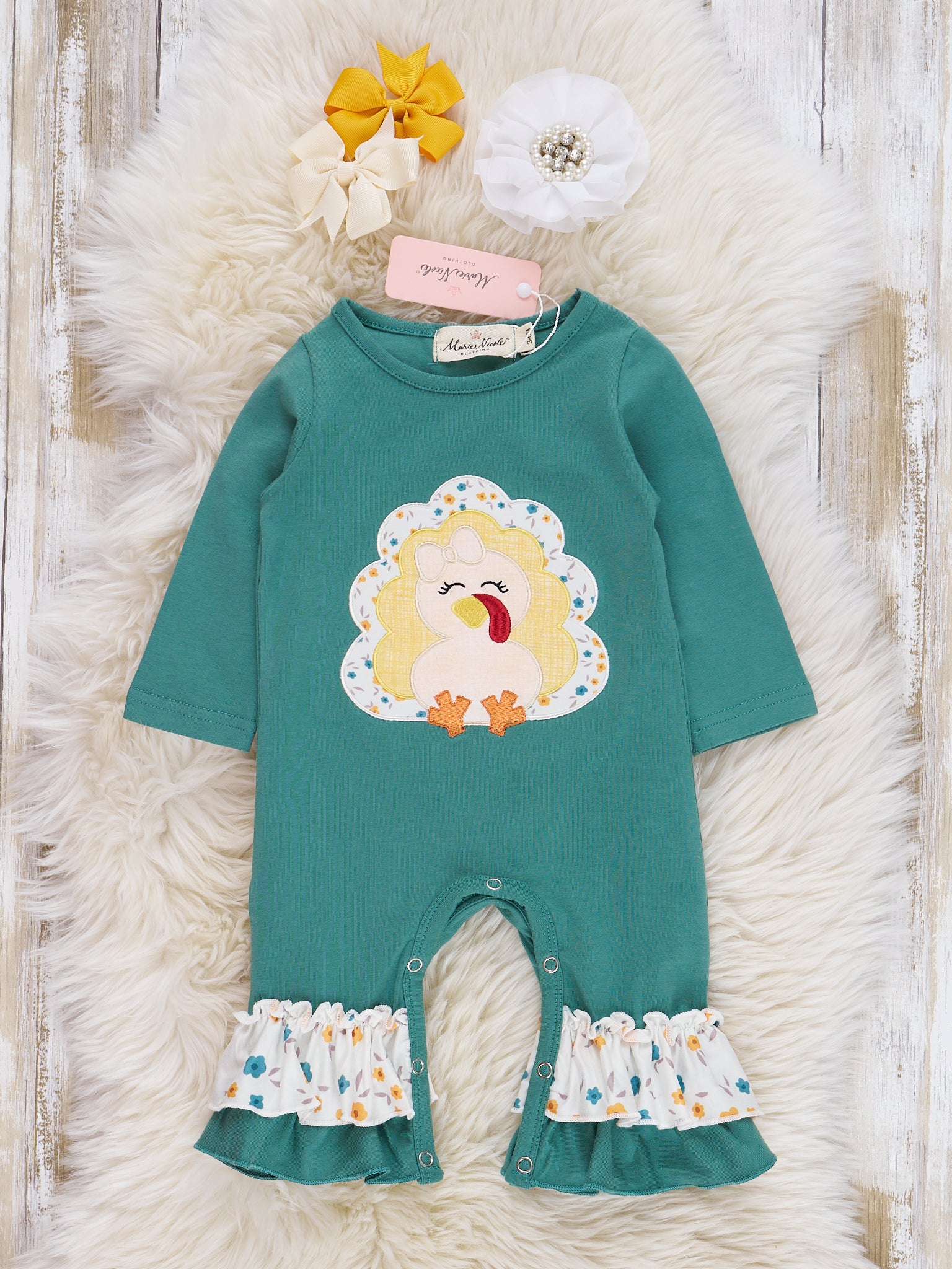 Deep Emerald Embroidered Turkey Ruffle Romper - Marie Nicole Clothing