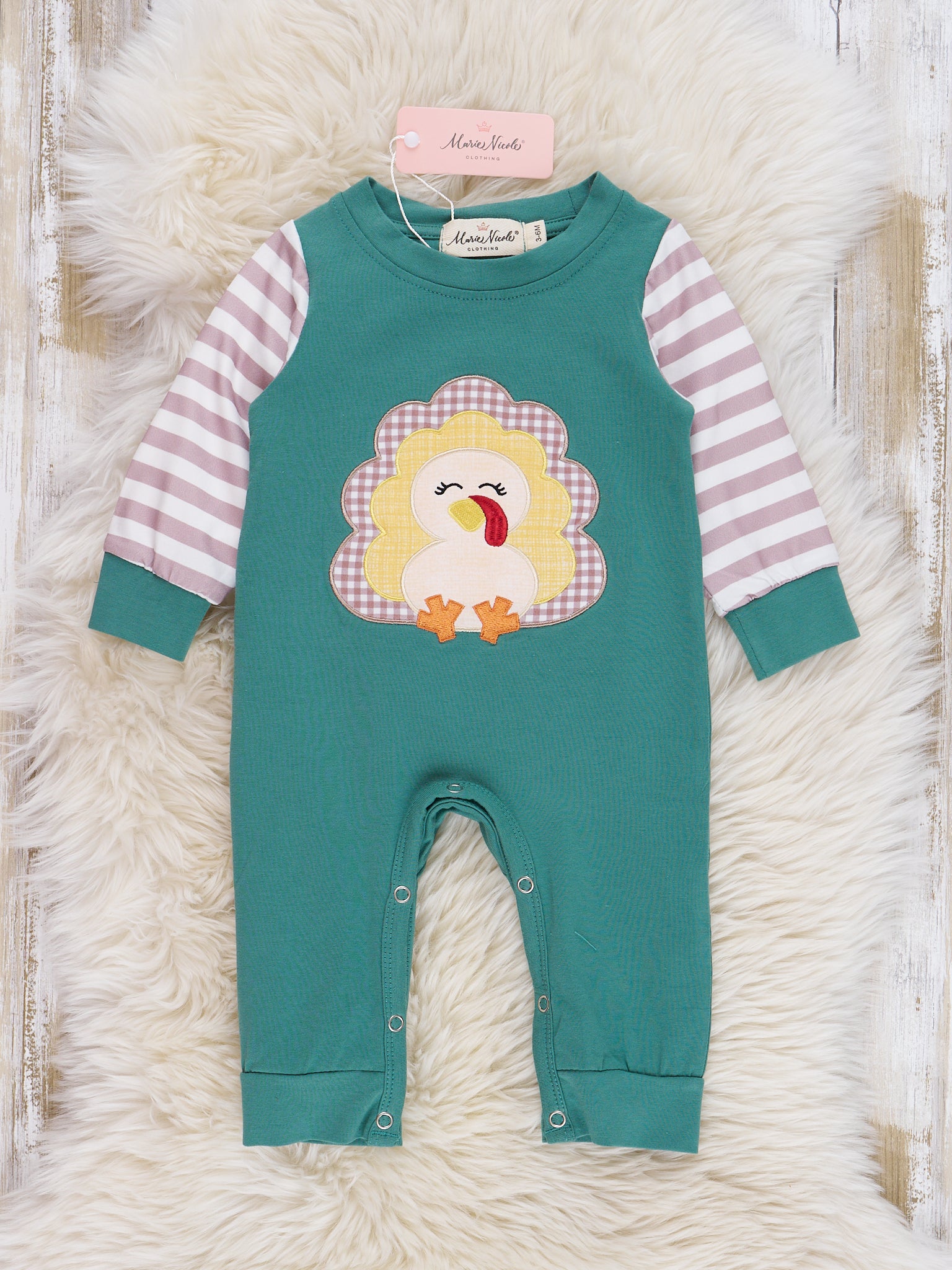 Deep Emerald Embroidered Turkey Raglan Romper - Marie Nicole Clothing