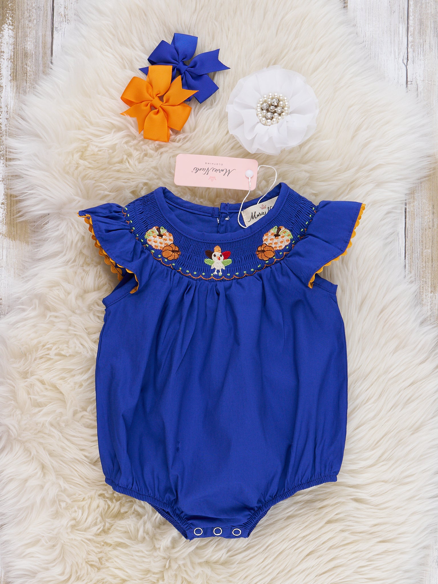 Royal Blue & Orange Embroidered Ruffle Romper - Marie Nicole Clothing