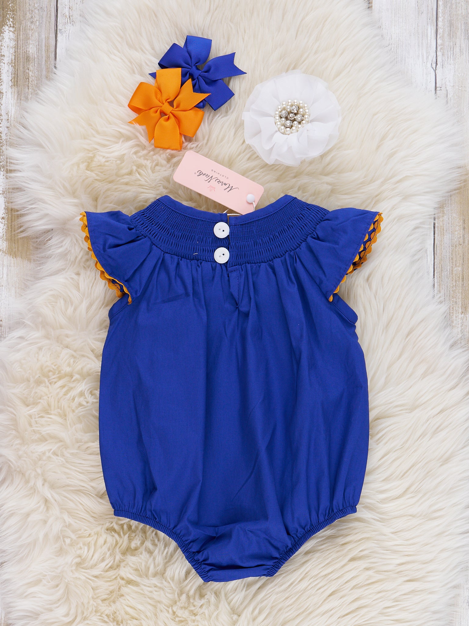 Royal Blue & Orange Embroidered Ruffle Romper - Marie Nicole Clothing