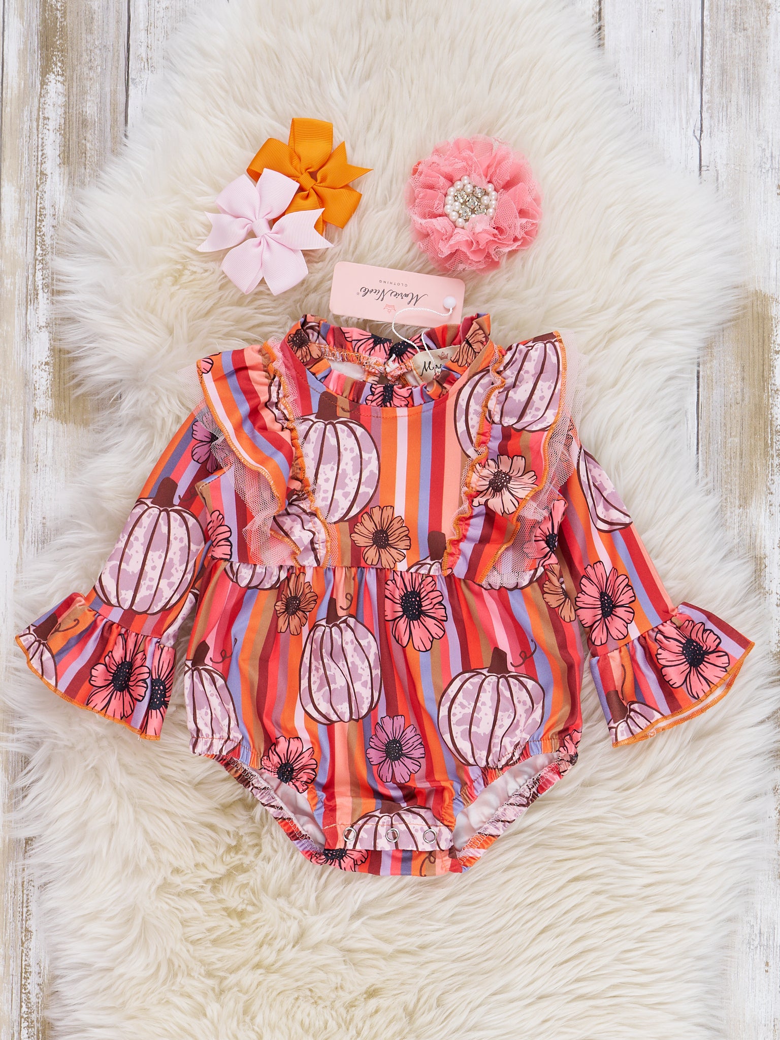 Burnt Orange Floral Pumpkins Ruffle Romper - Marie Nicole Clothing