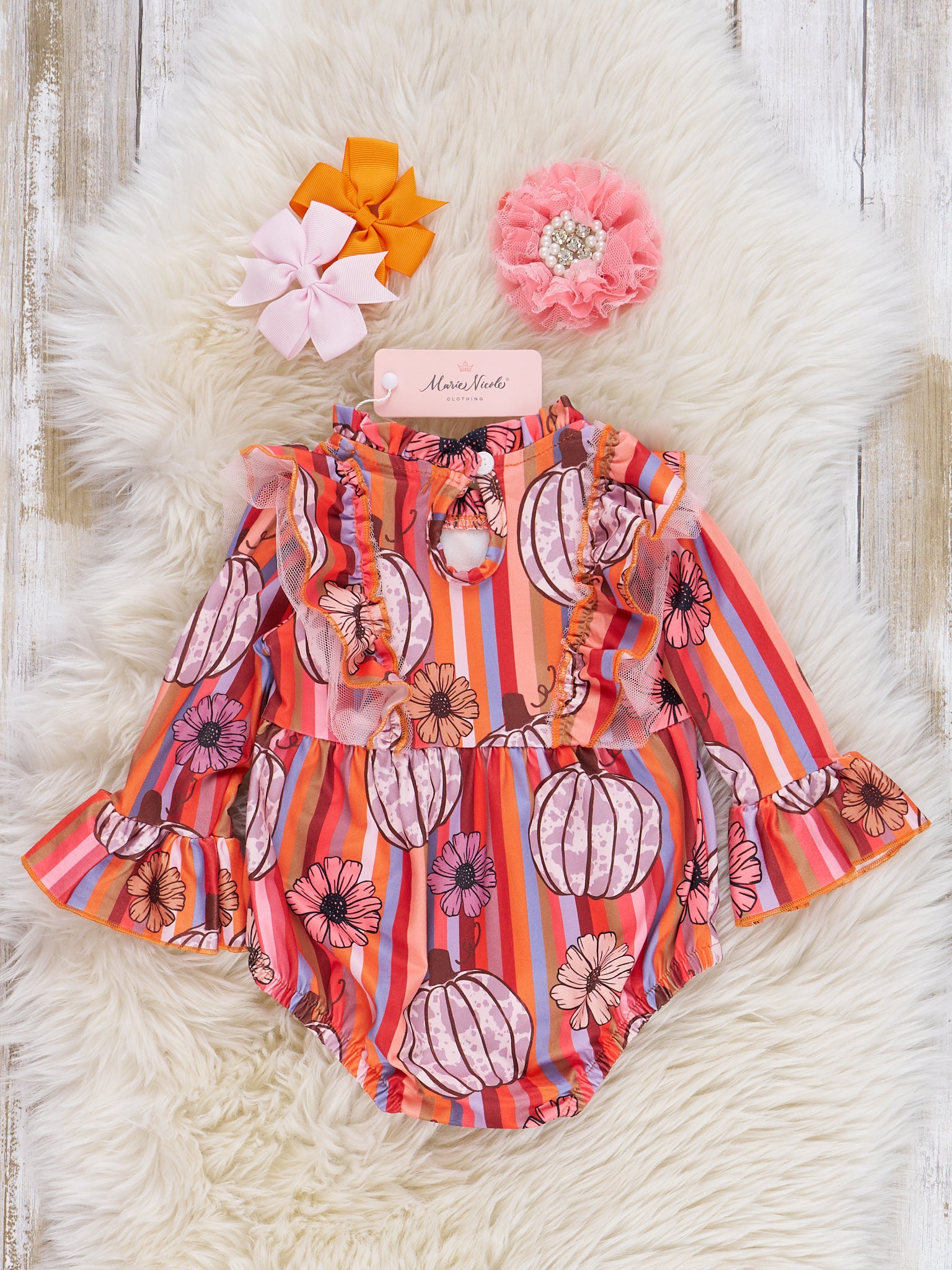 Burnt Orange Floral Pumpkins Ruffle Romper - Marie Nicole Clothing