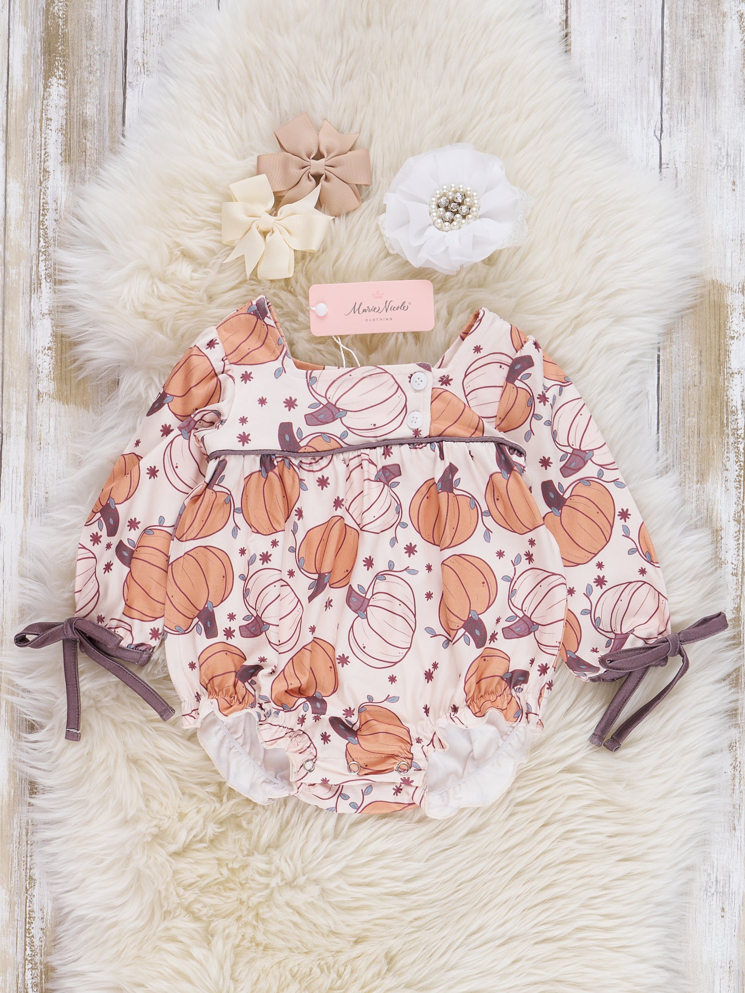 Bow Sleeve Pumpkins Romper - Marie Nicole Clothing