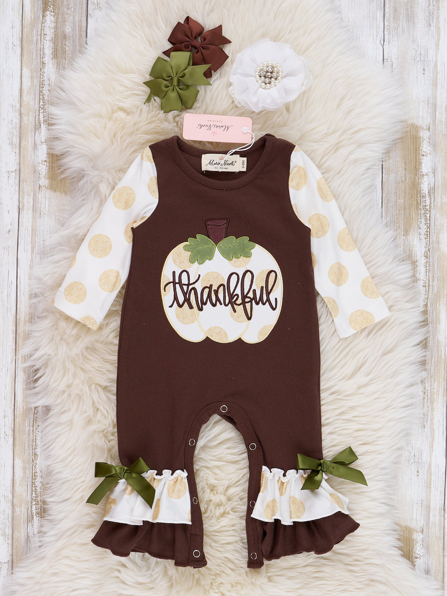 Brown & Gold Dots Thankful Ruffle Romper - Marie Nicole Clothing