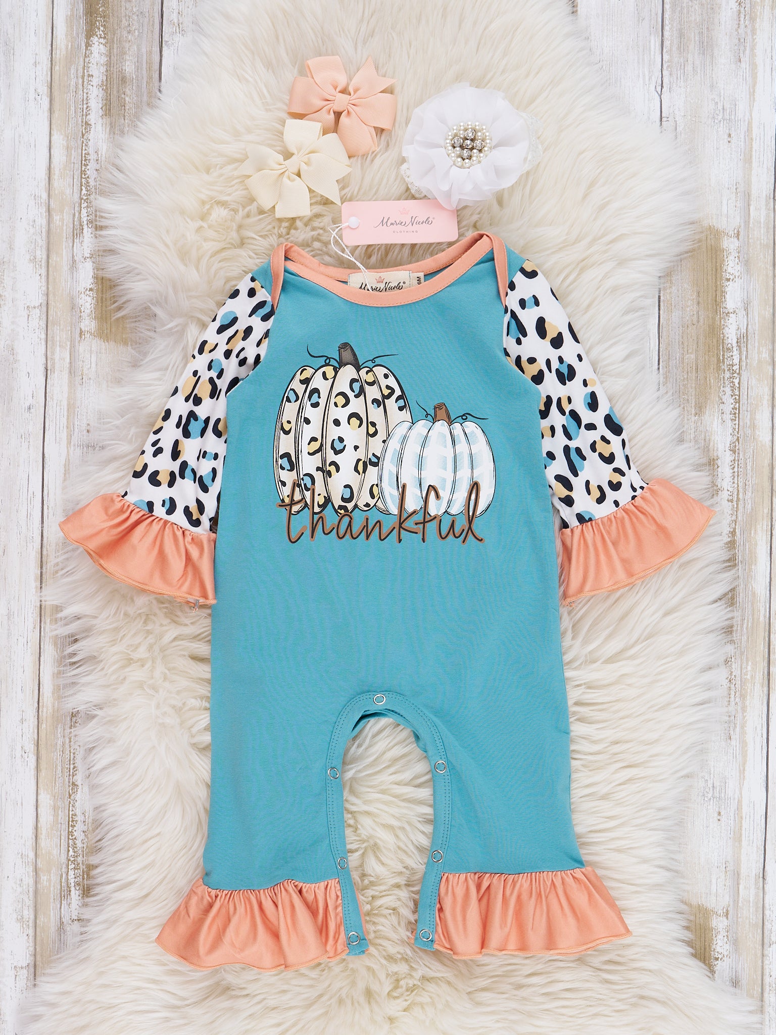 Teal & Coral Leopard "Pumpkin" Ruffle Romper - Marie Nicole Clothing