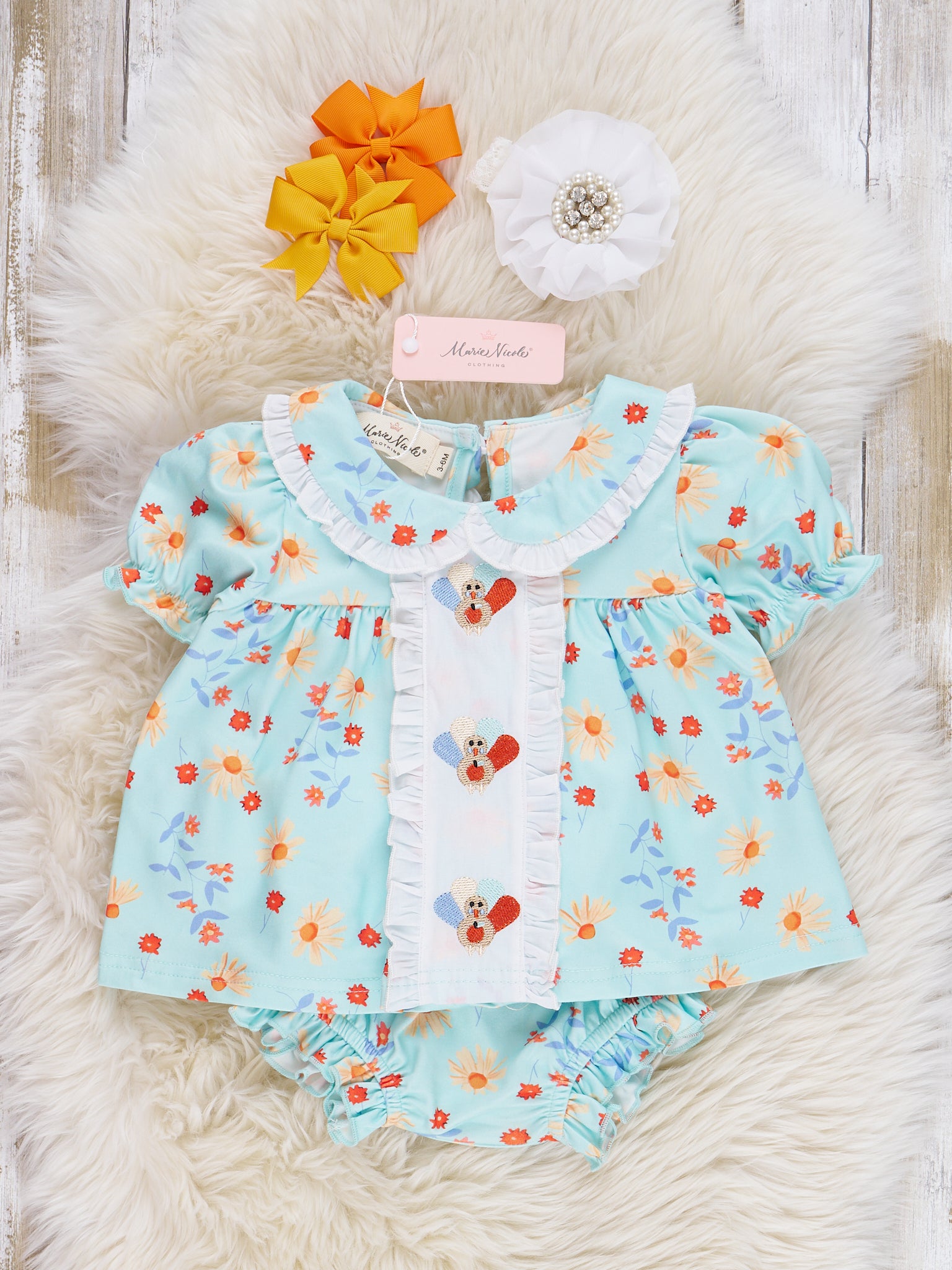 Light Blue Embroidered Turkey Ruffle Bloomer Outfit - Marie Nicole Clothing