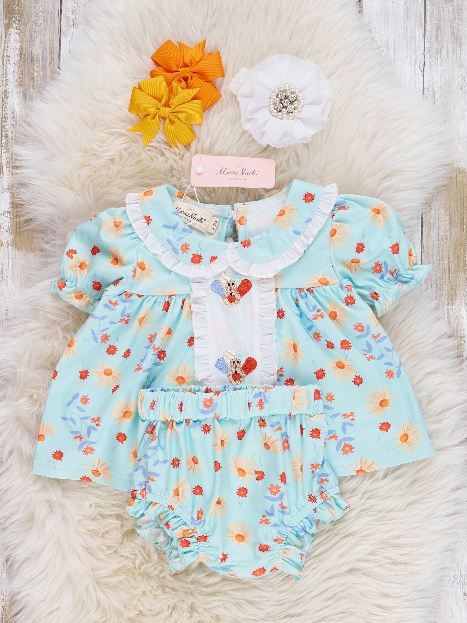 Light Blue Embroidered Turkey Ruffle Bloomer Outfit - Marie Nicole Clothing