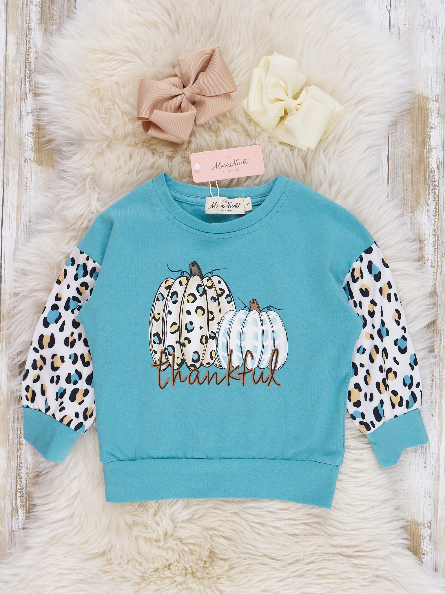 Mom & Me Cream & Teal Leopard "Thankful" Crewneck & Romper - Marie Nicole Clothing