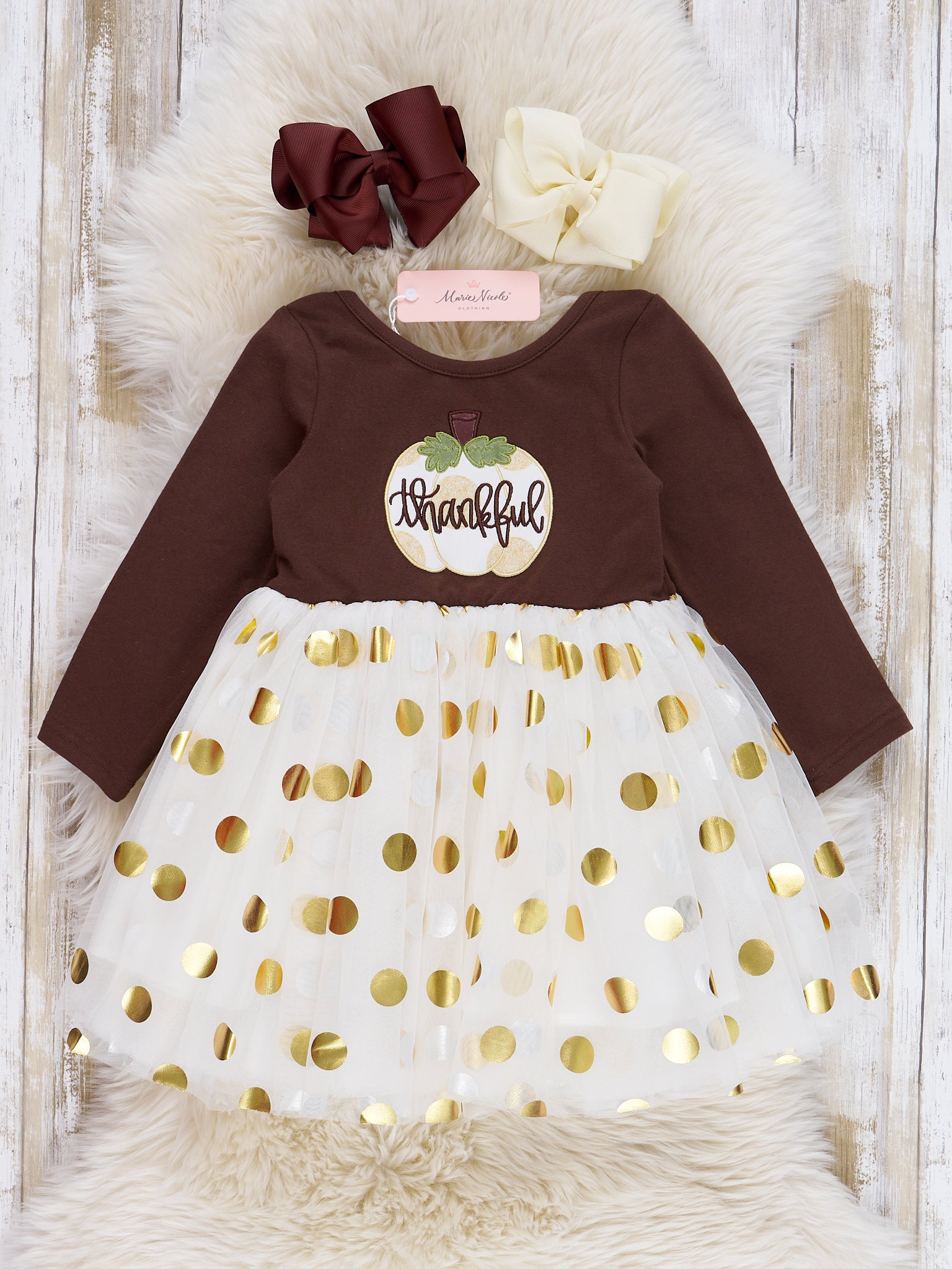 Brown & Gold Dots Thankful Tulle Dress - Marie Nicole Clothing