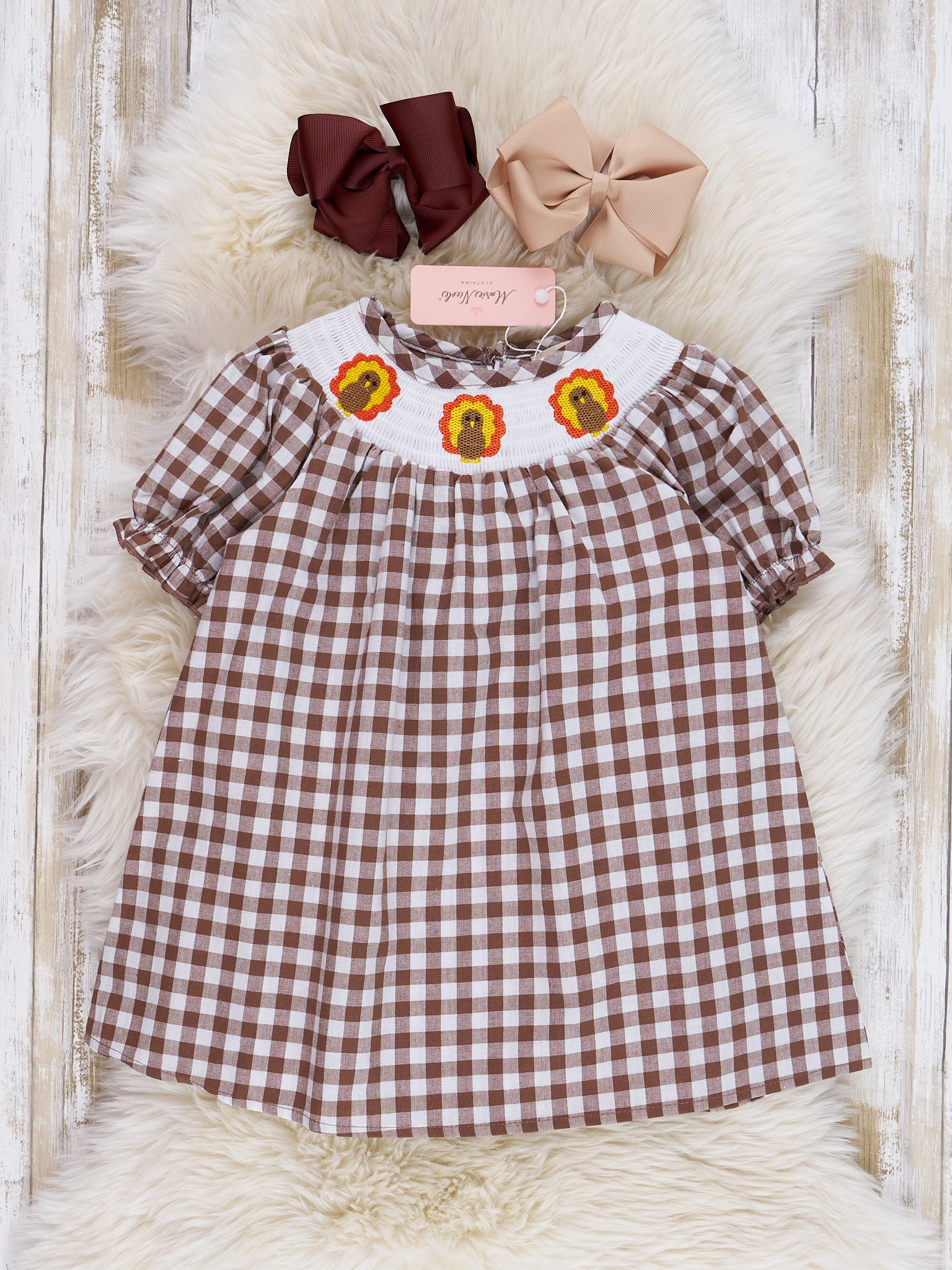 Autumn Gingham Smocked Turkey Dress - Marie Nicole Clothing