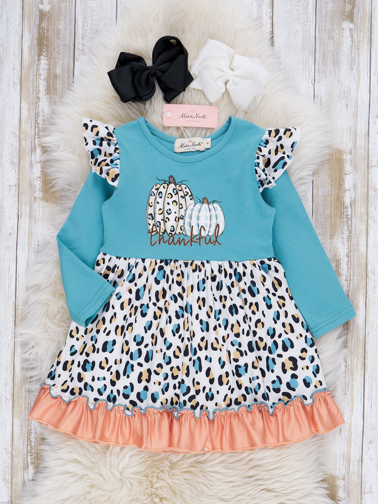 Teal & Coral Leopard "Pumpkin" Ruffle Dress - Marie Nicole Clothing