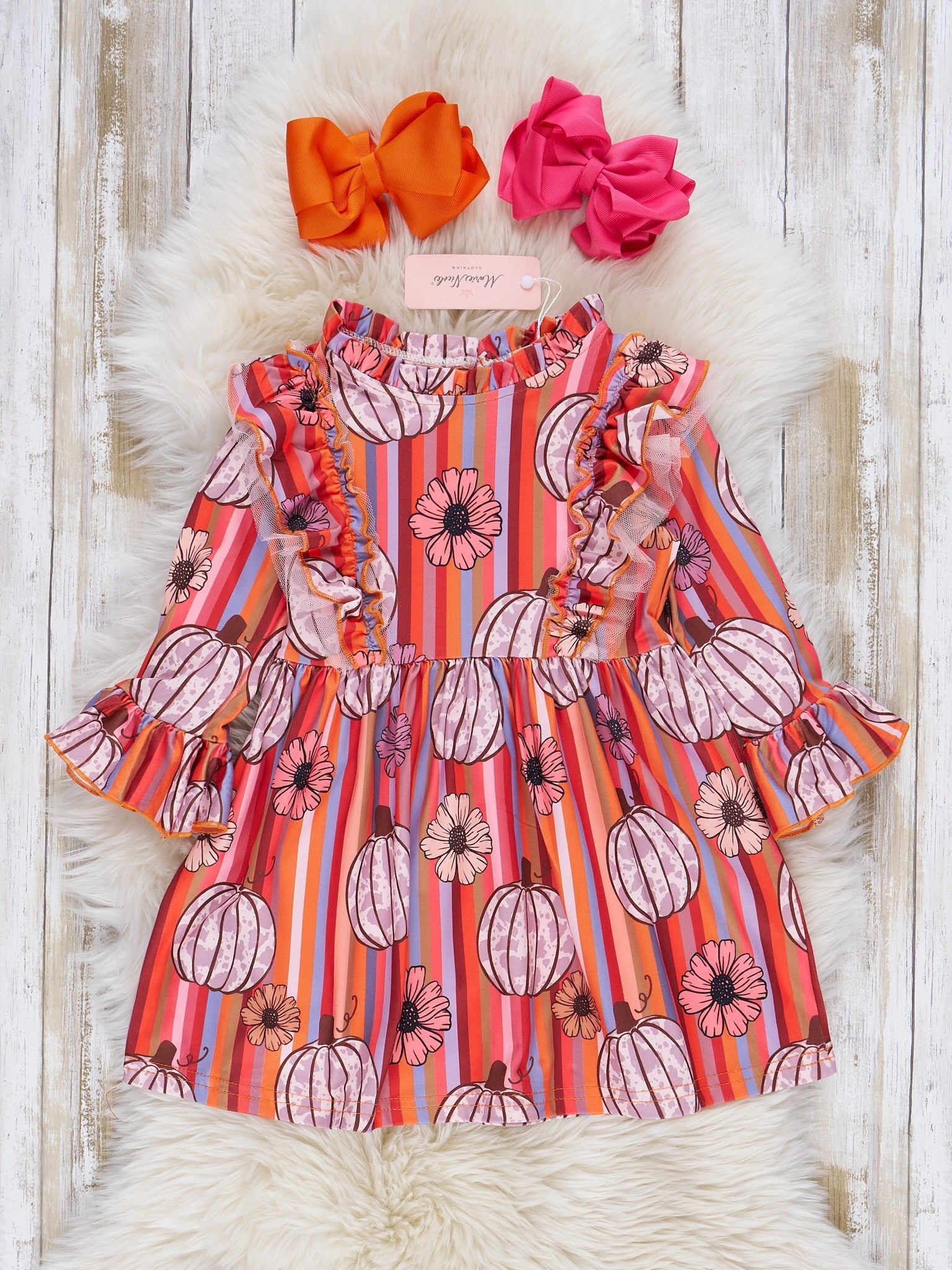 Burnt Orange Floral Pumpkins Ruffle Dress - Marie Nicole Clothing