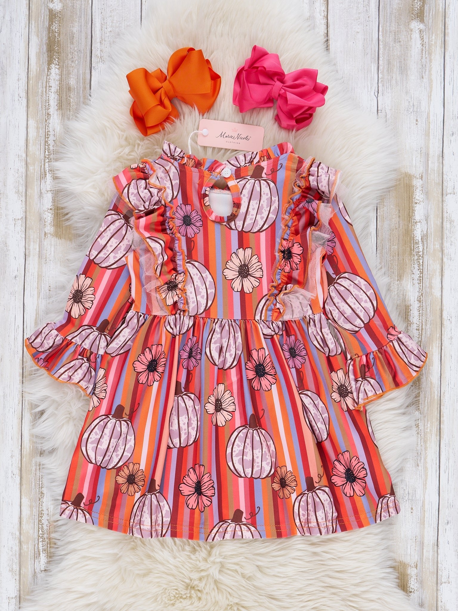 Burnt Orange Floral Pumpkins Ruffle Dress - Marie Nicole Clothing