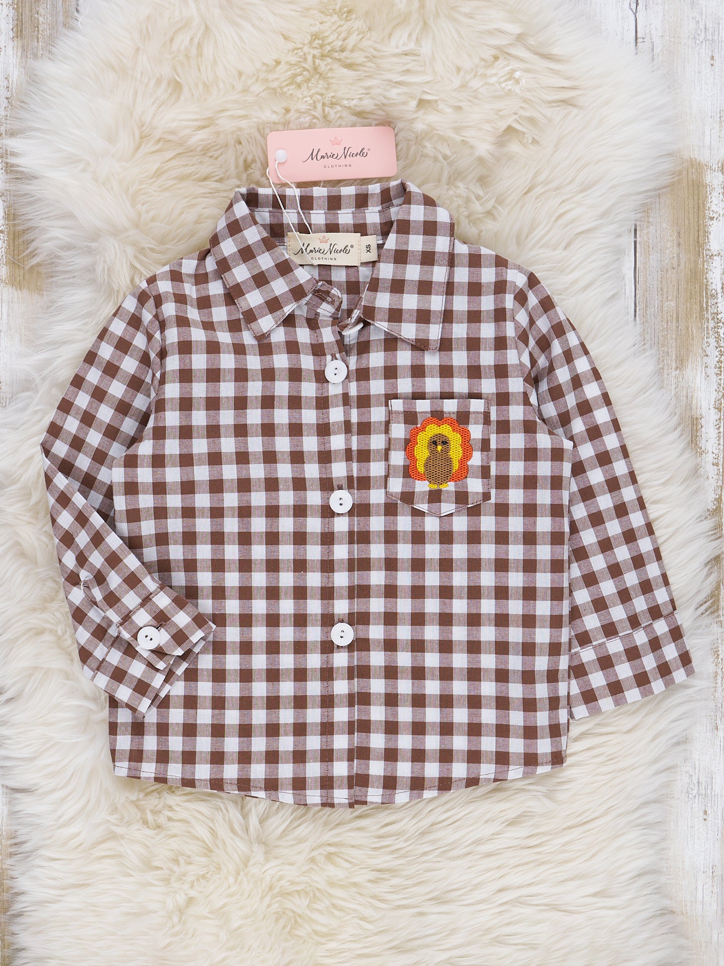 Autumn Gingham Embroidered Turkey Button - Down Shirt - Marie Nicole Clothing
