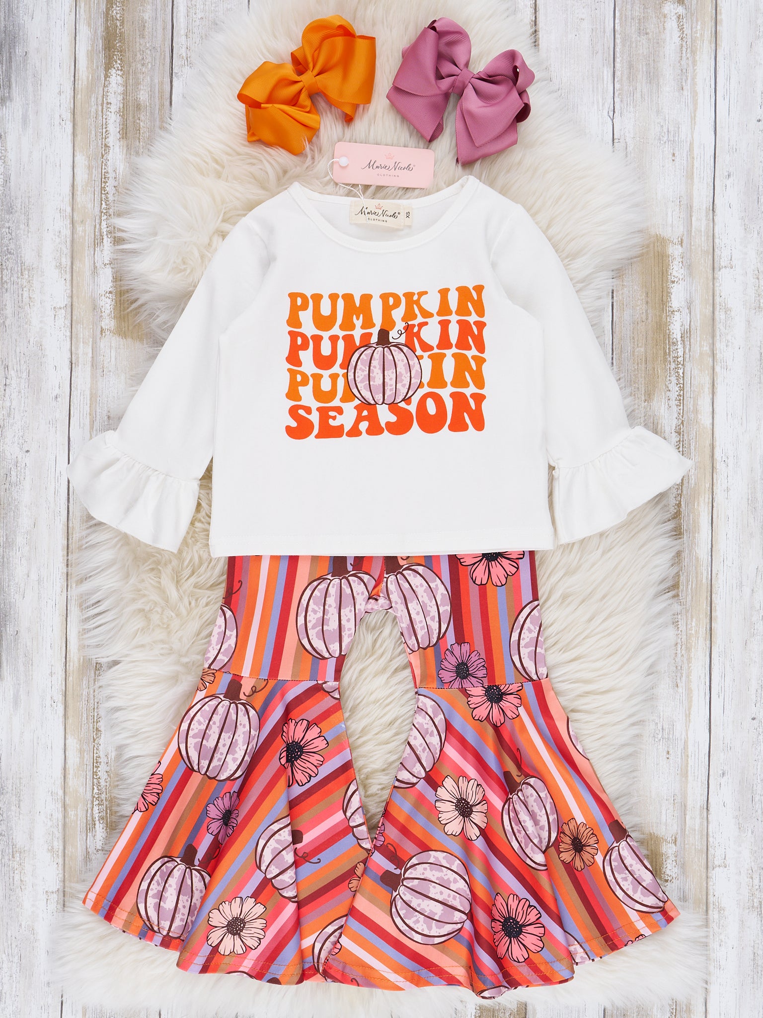 Burnt Orange Floral Pumpkins Bell Bottom Outfit - Marie Nicole Clothing