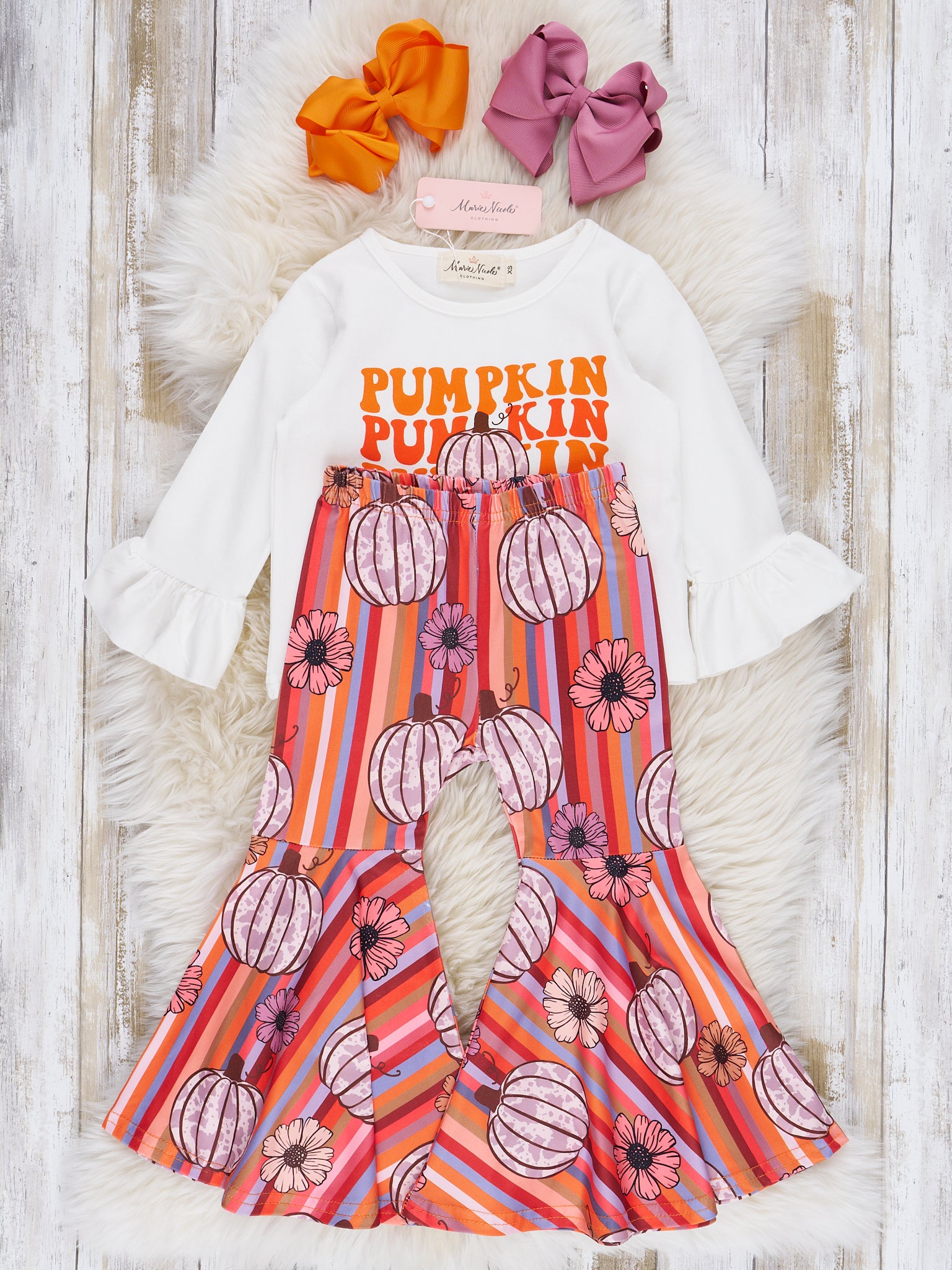 Burnt Orange Floral Pumpkins Bell Bottom Outfit - Marie Nicole Clothing