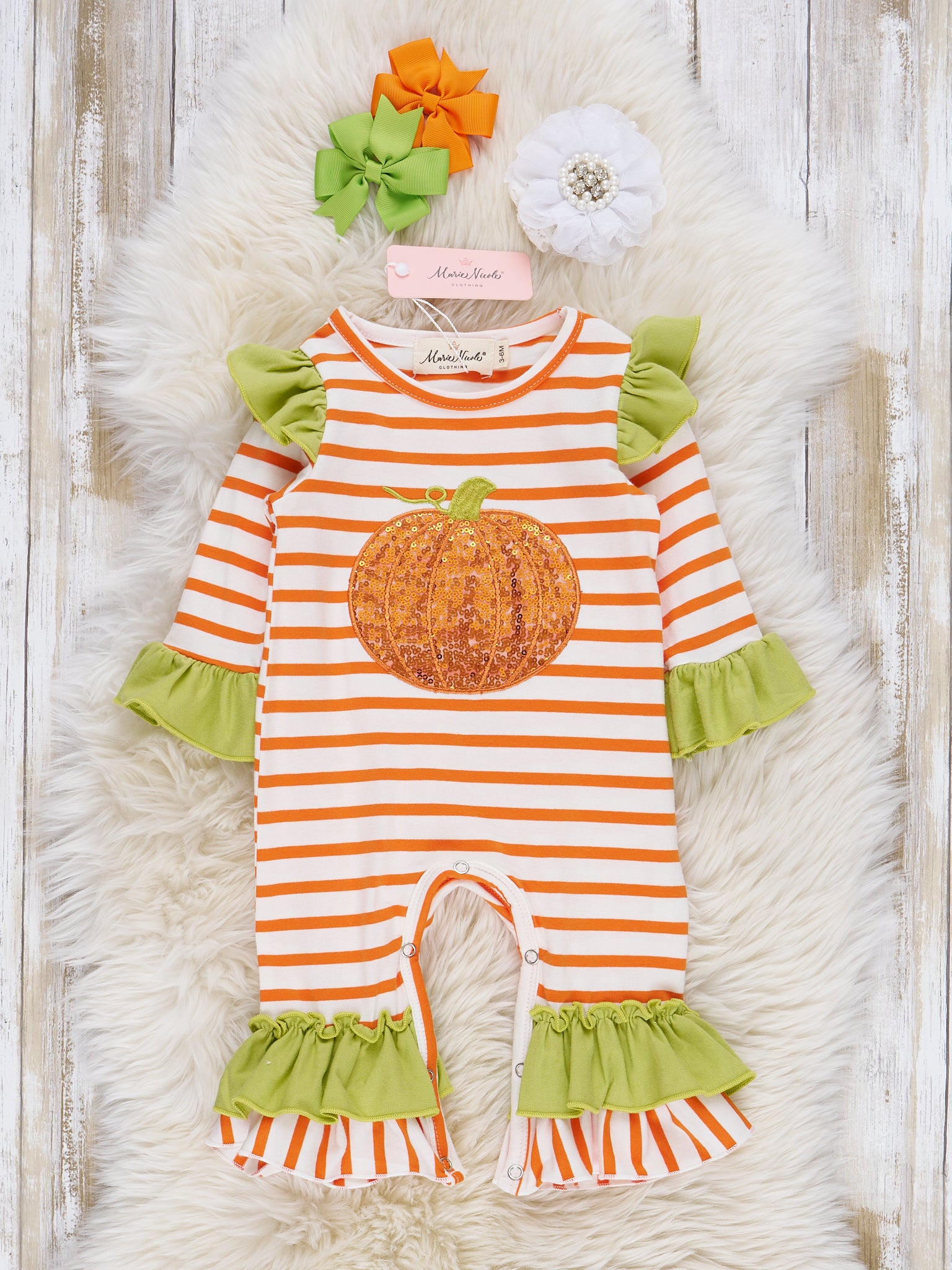Lime & Orange Stripe Sequin Pumpkin Ruffle Romper - Marie Nicole Clothing