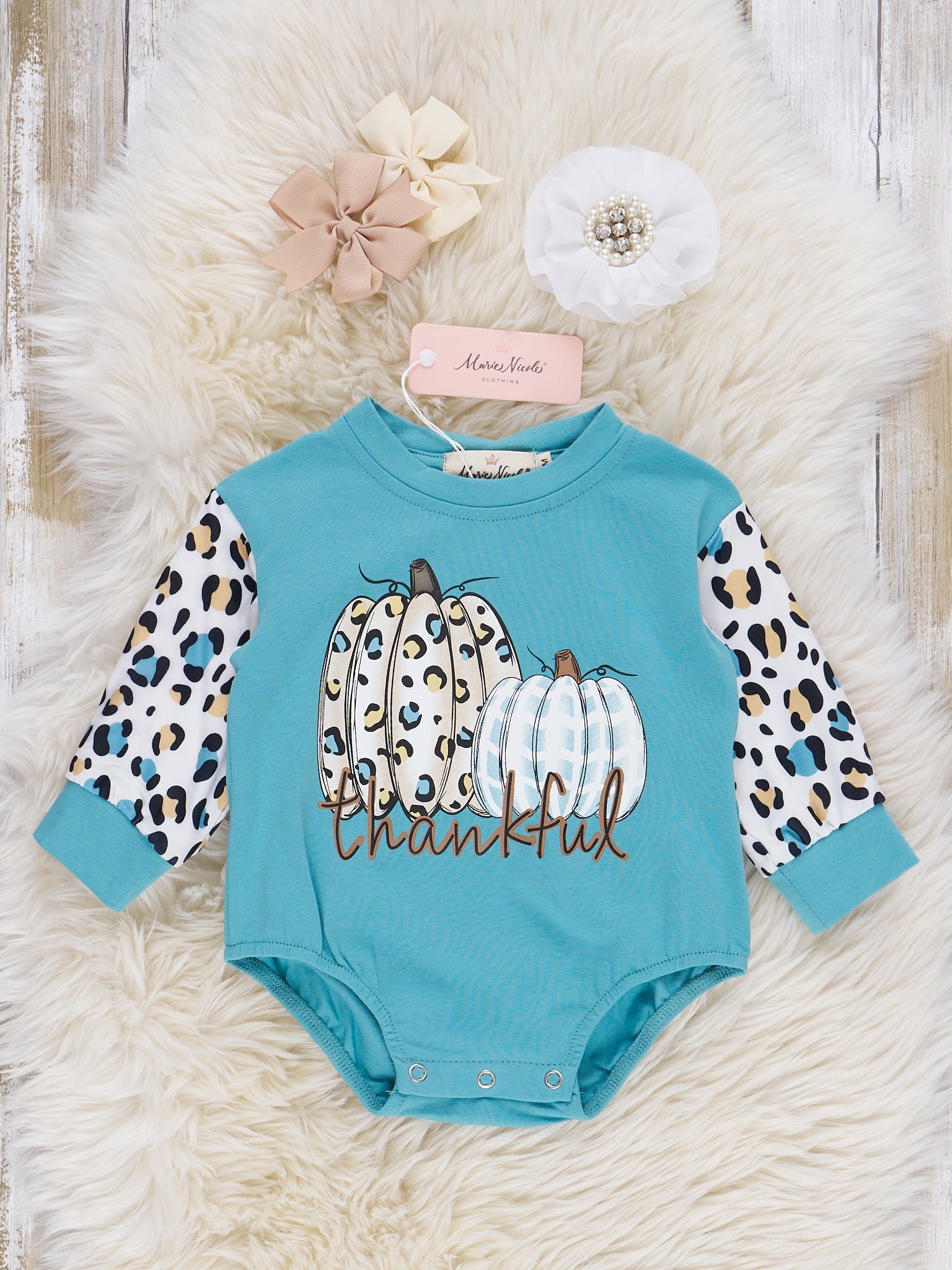 Mom & Me Cream & Teal Leopard "Thankful" Crewneck & Romper - Marie Nicole Clothing