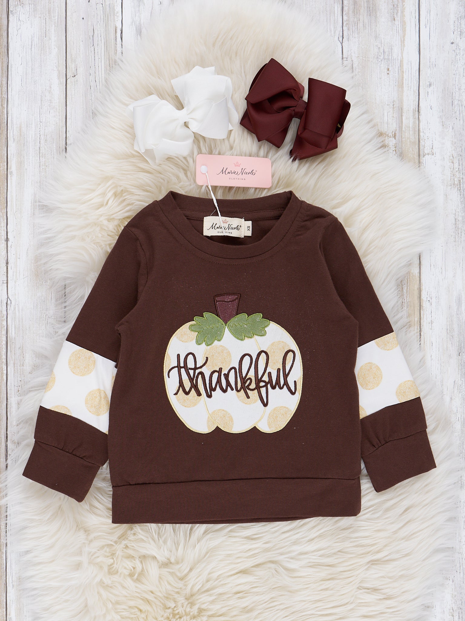 Mom & Me Brown & Gold Dots Thankful Crew Neck - Marie Nicole Clothing