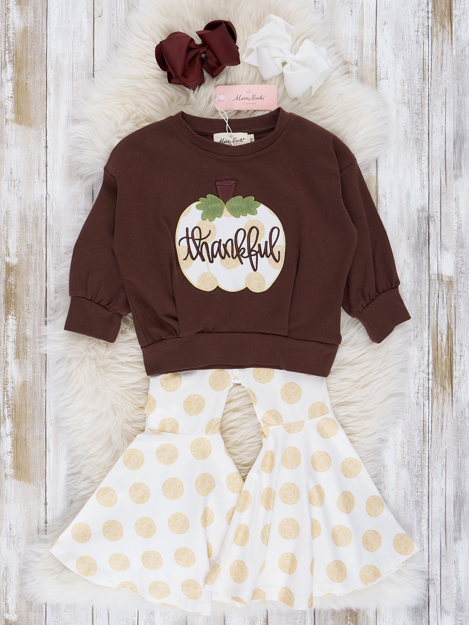 Brown & Gold Dots Thankful Bell Bottom Outfit - Marie Nicole Clothing