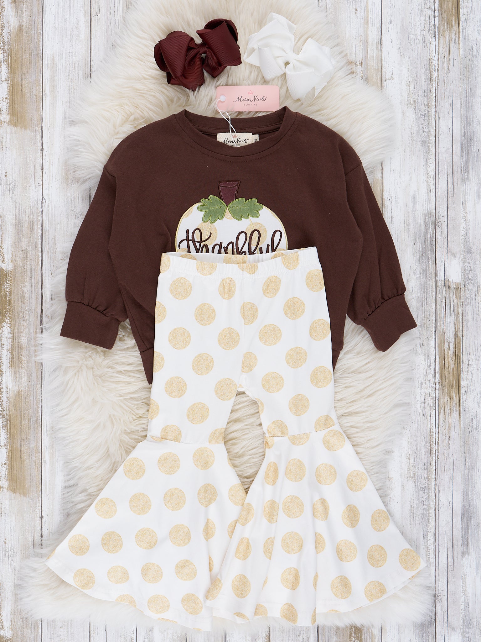 Brown & Gold Dots Thankful Bell Bottom Outfit - Marie Nicole Clothing