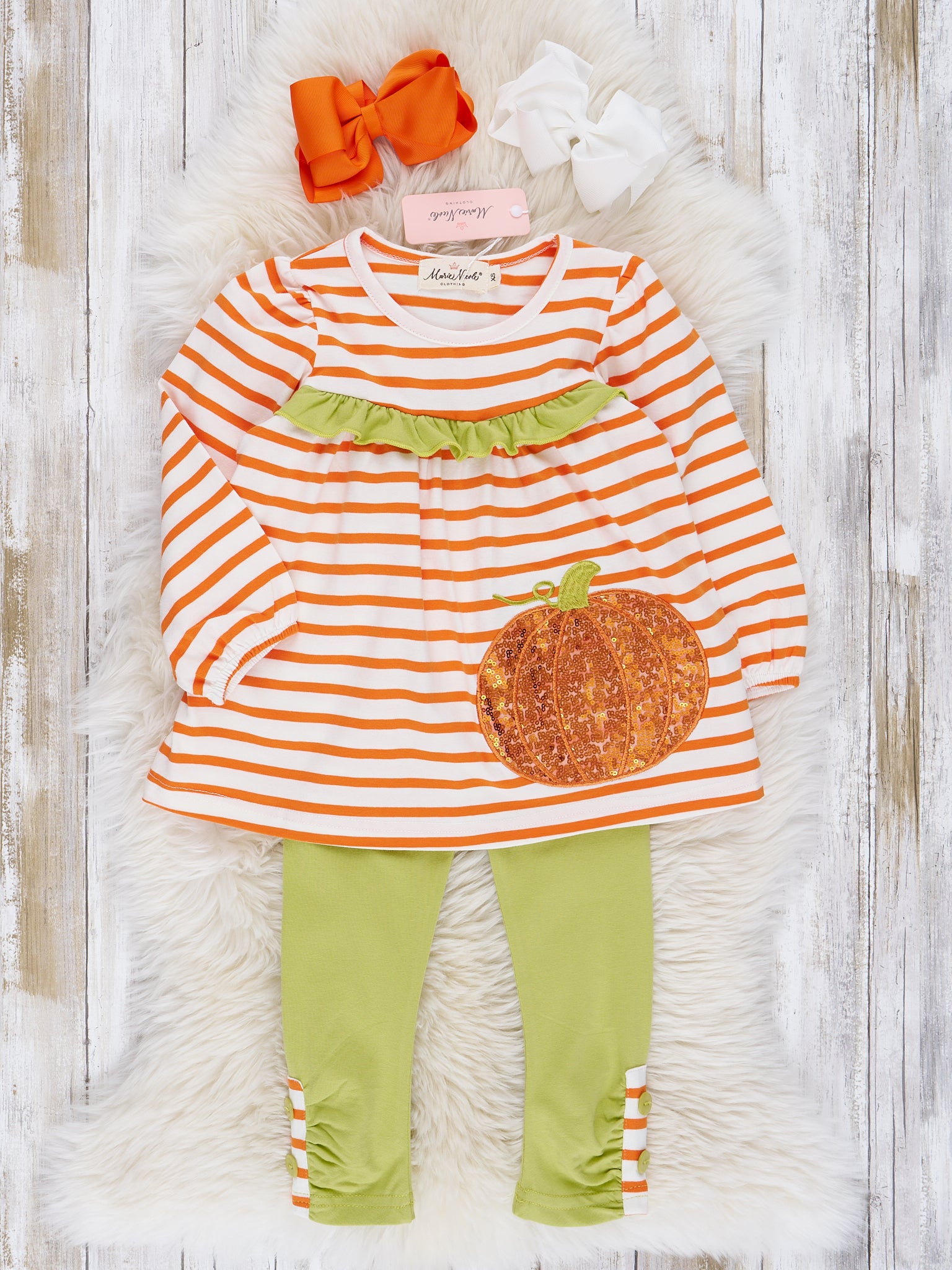 Lime & Orange Stripe Sequin Pumpkin Ruffle Outfit - Marie Nicole Clothing