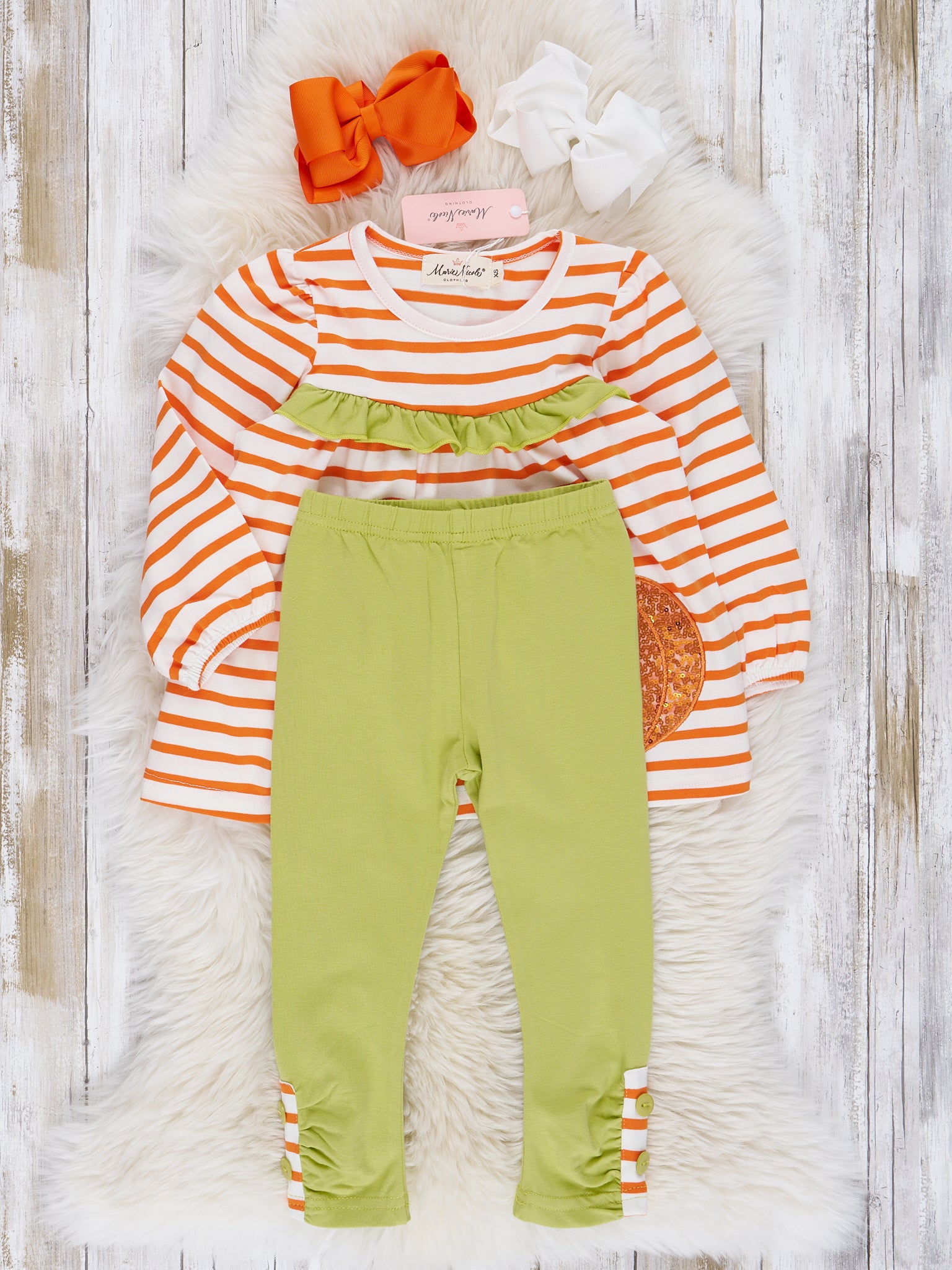 Lime & Orange Stripe Sequin Pumpkin Ruffle Outfit - Marie Nicole Clothing