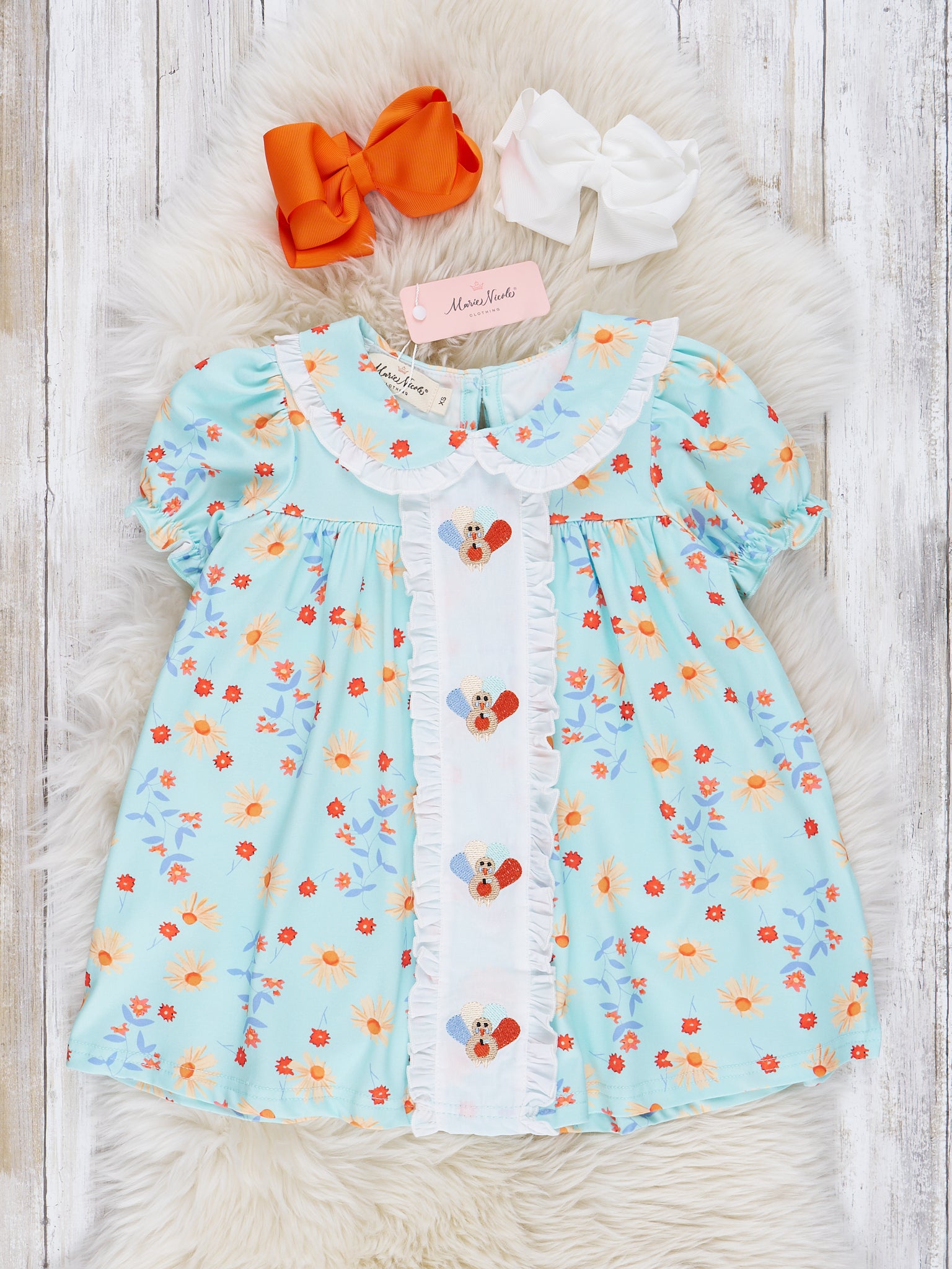 Light Blue Embroidered Turkey Ruffle Dress - Marie Nicole Clothing
