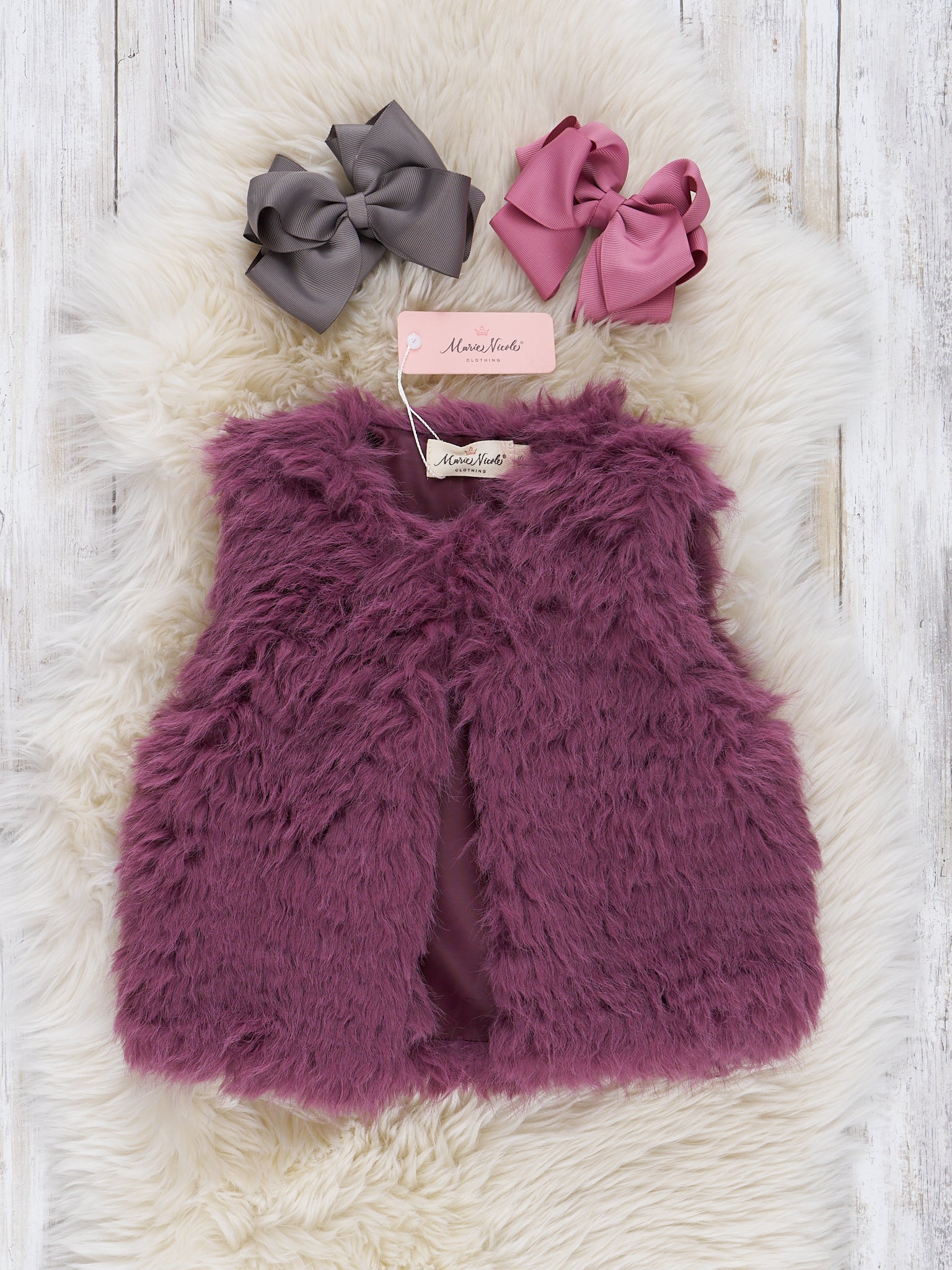 Mauve Dots & Wildflowers Outfit w/ Faux Fur Vest - Marie Nicole Clothing