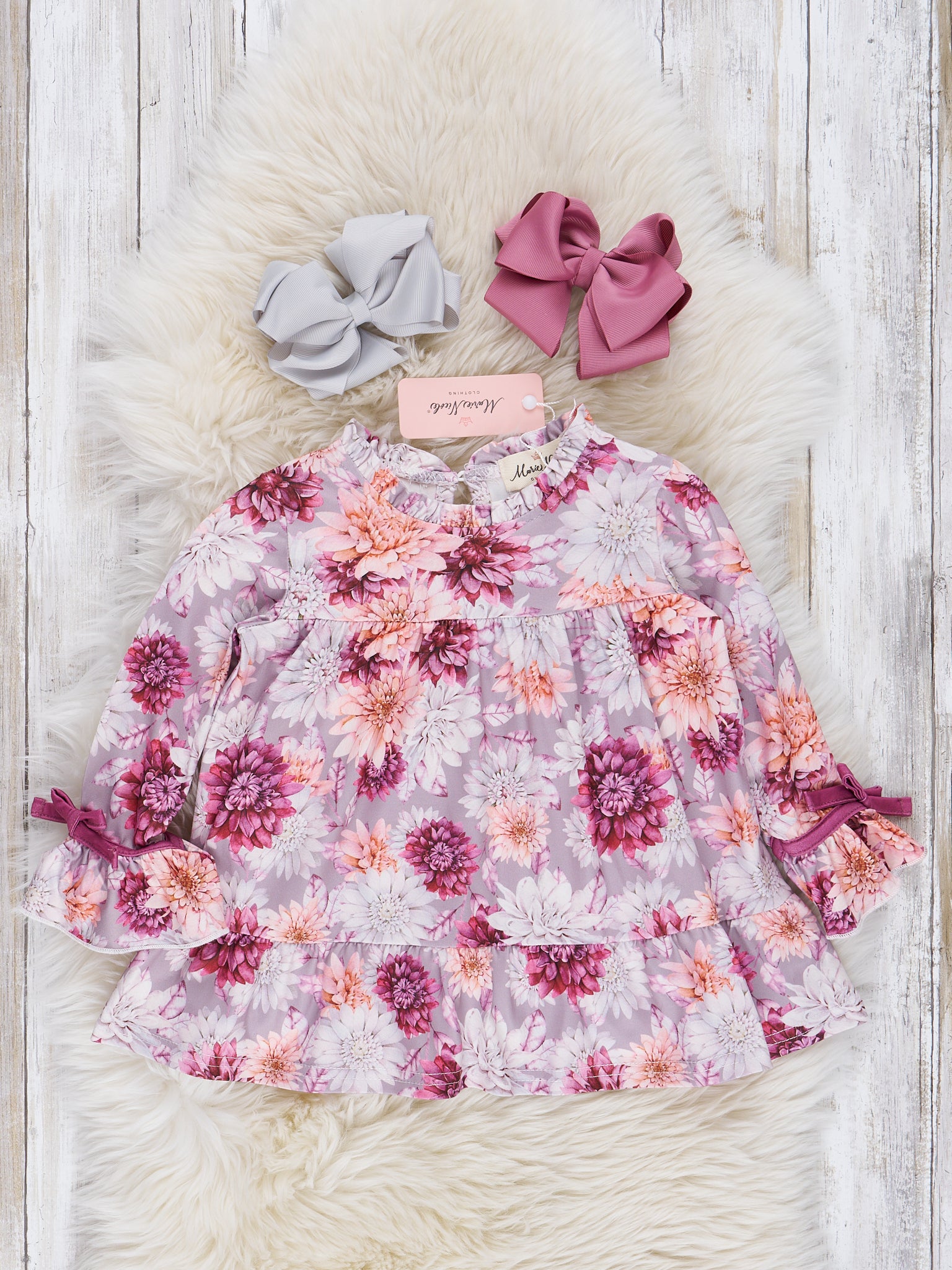 Mauve Dots & Wildflowers Outfit w/ Faux Fur Vest - Marie Nicole Clothing