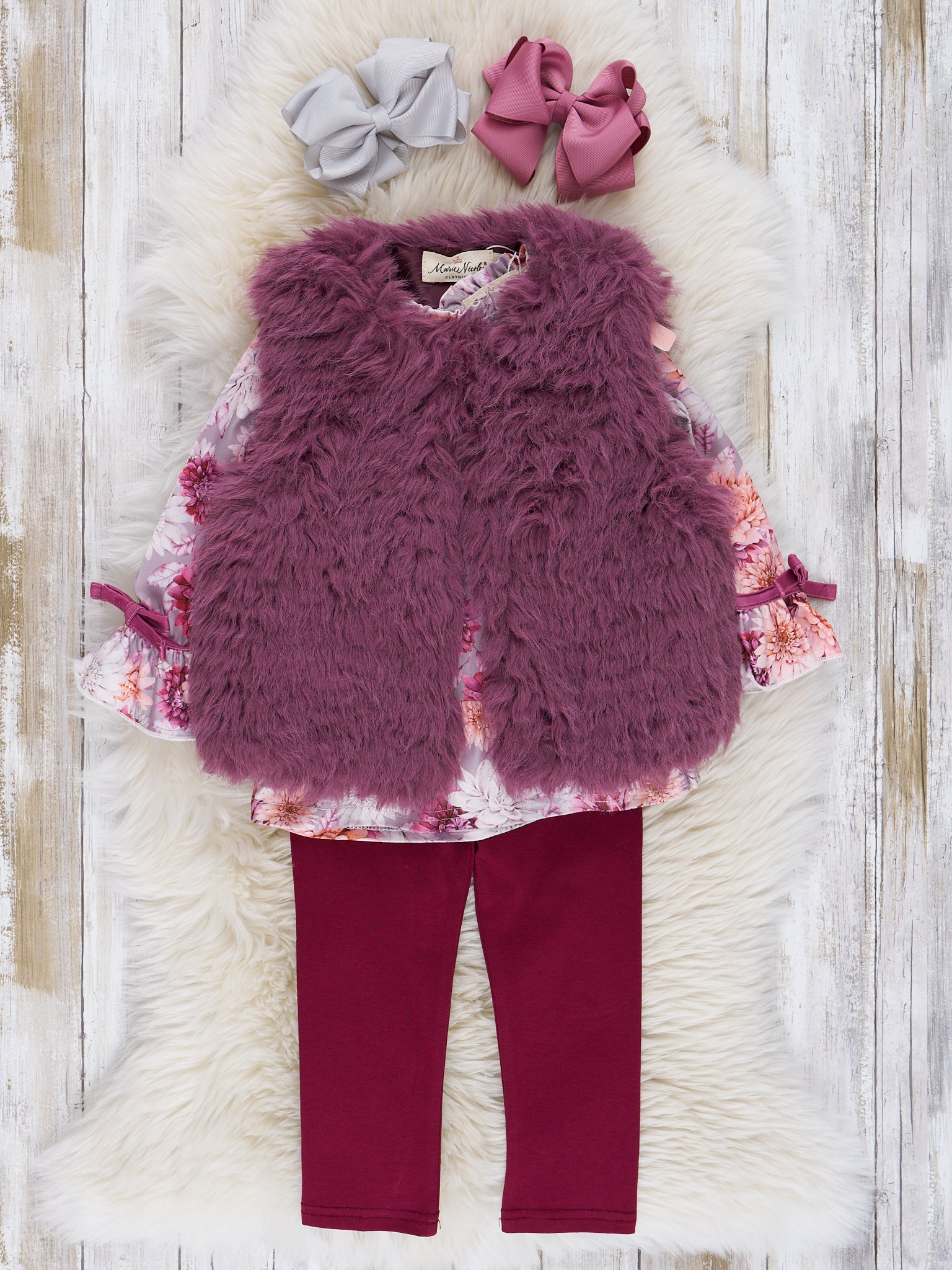 Mauve Dots & Wildflowers Outfit w/ Faux Fur Vest - Marie Nicole Clothing