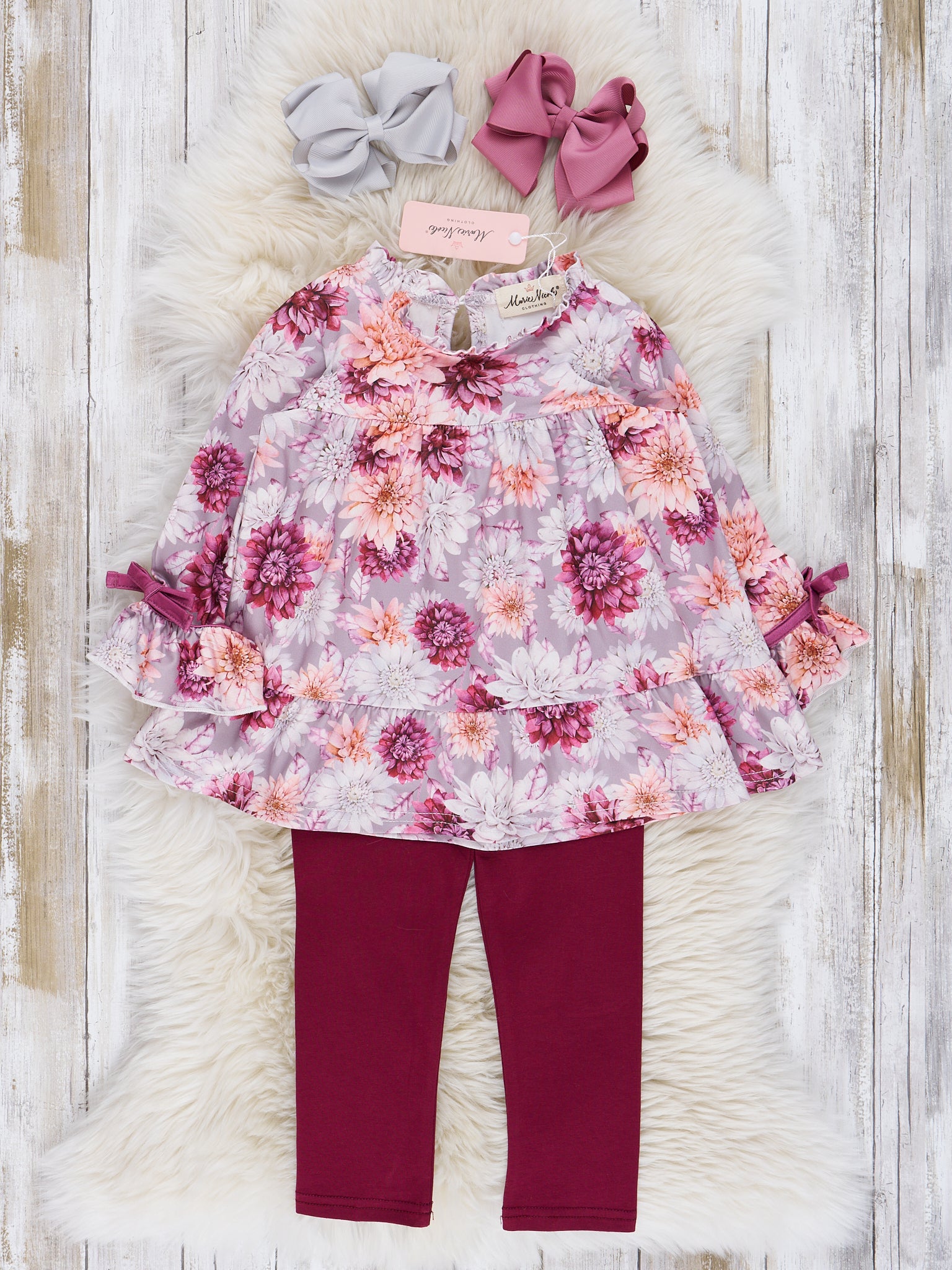 Mauve Dots & Wildflowers Outfit w/ Faux Fur Vest - Marie Nicole Clothing